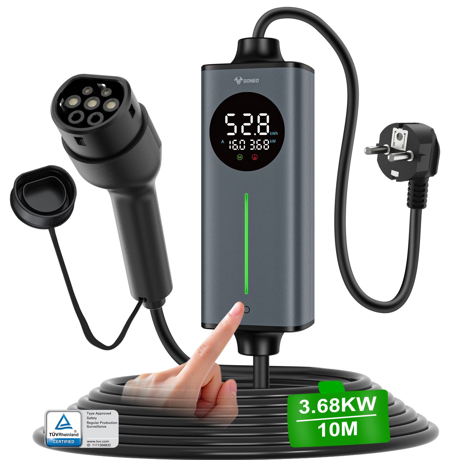 GONEO Elektroauto-Ladestation, Typ 2 Ladekabel Schuko, 3,7kW / 16A, 1-phasig, Tragbares Elektroauto-Ladegerät, Einstellbare Ladeleistung & Timer