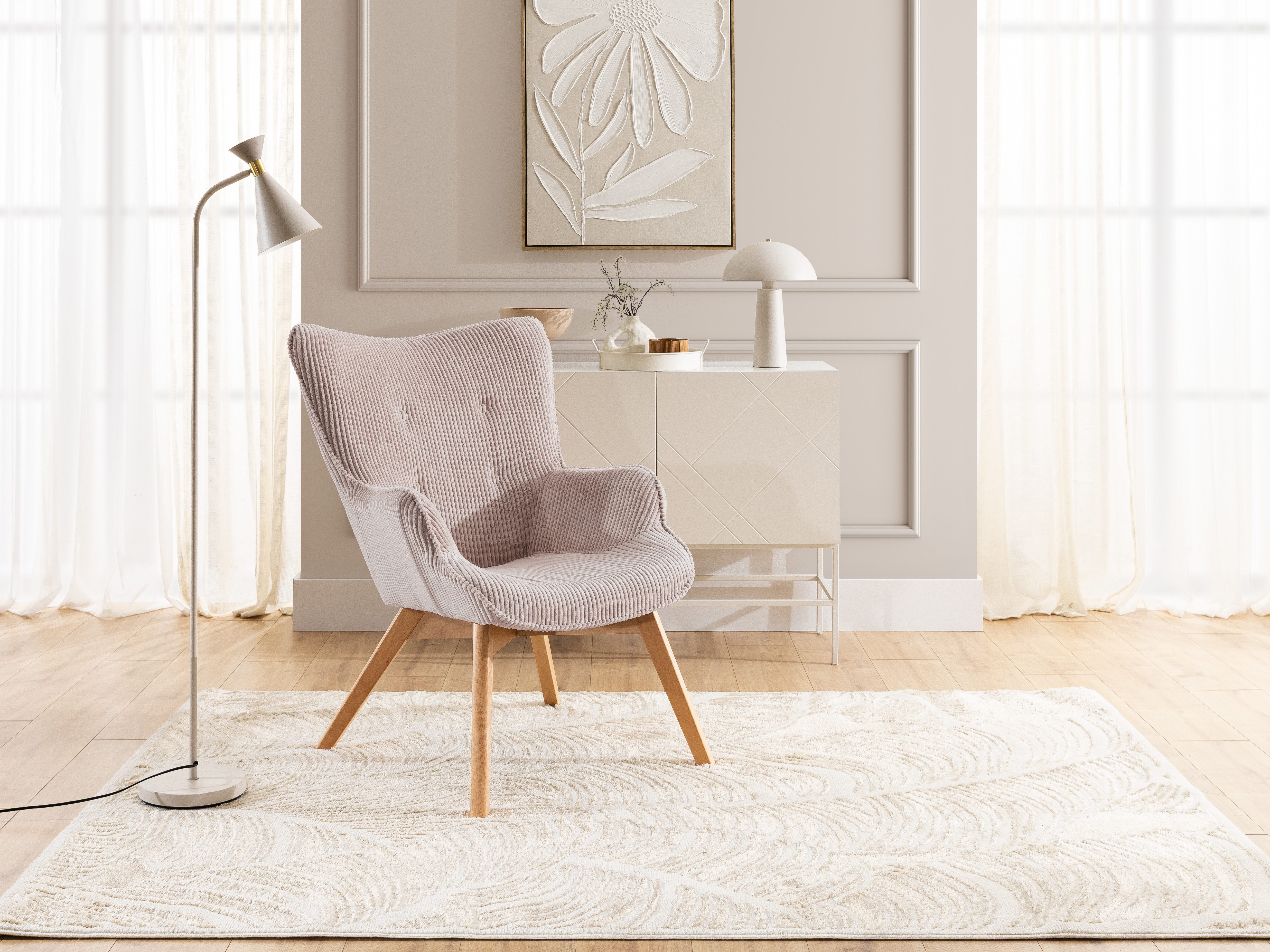 S-Style Möbel Loungesessel Lenari aus Cordstoff mit Füßen aus Massivholz in Natur oder Braun (1 x Lounge-Sessel)