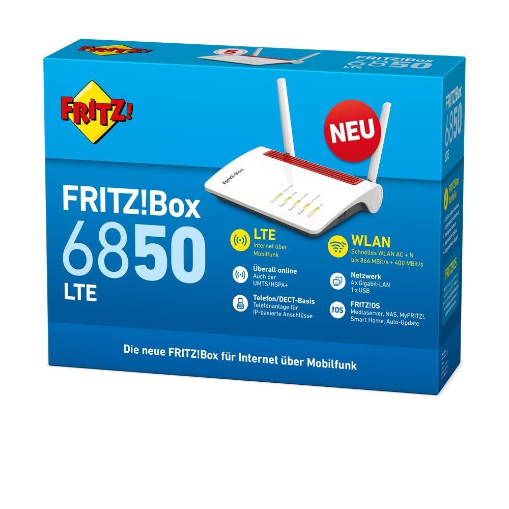 Fritz! FRITZ!Box 6850 LTE WLAN-Router, AC (5 GHz) & N (2,4 GHz), LTE, 4G/3G, Dual-WLAN, WLAN Modem