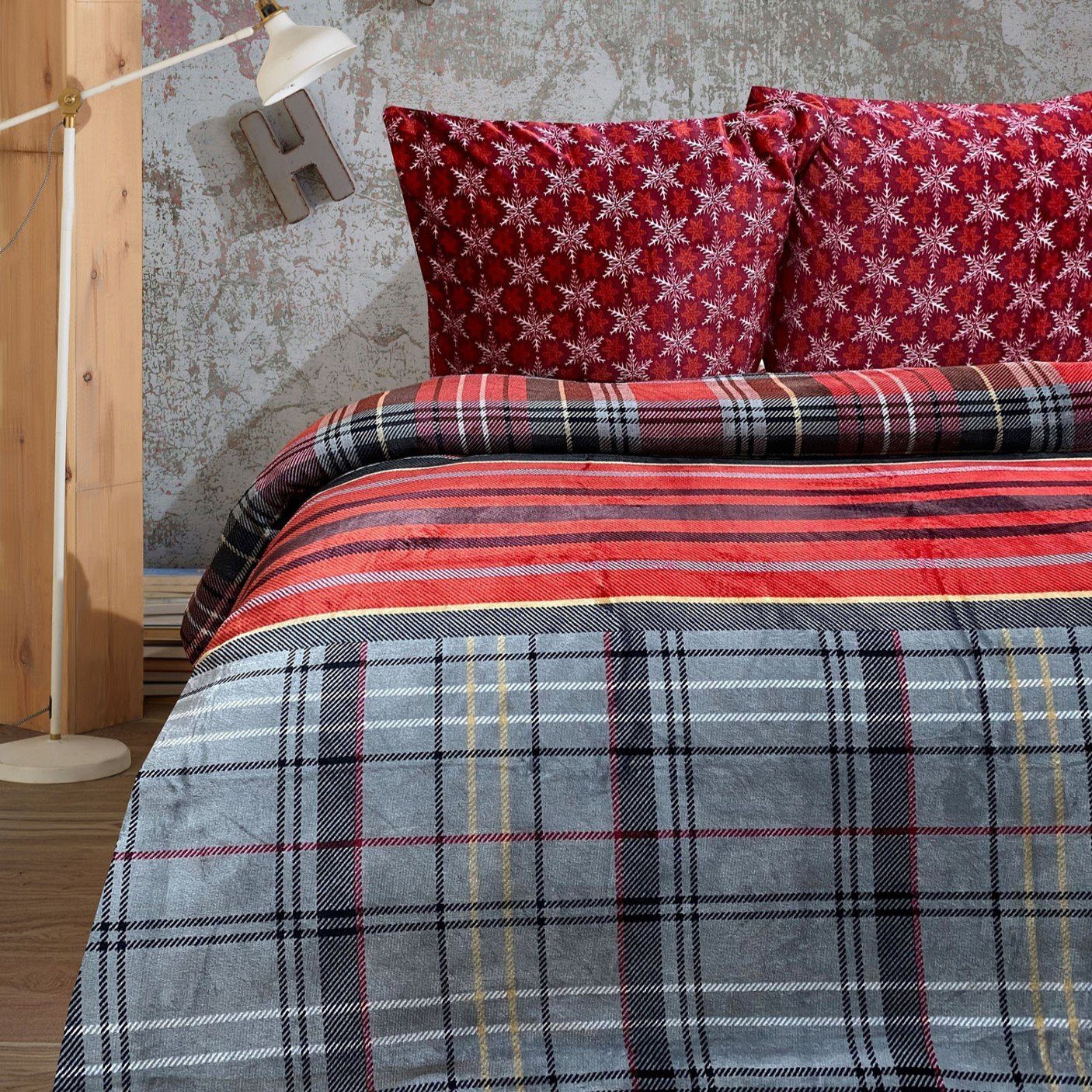 Buymax Постельное белье Teddy Plüsch Bettezug-Set, Fleece, 3 teilig, 220x240 cm, Winter, flauschig, warm, gestreift, kariert, Rot