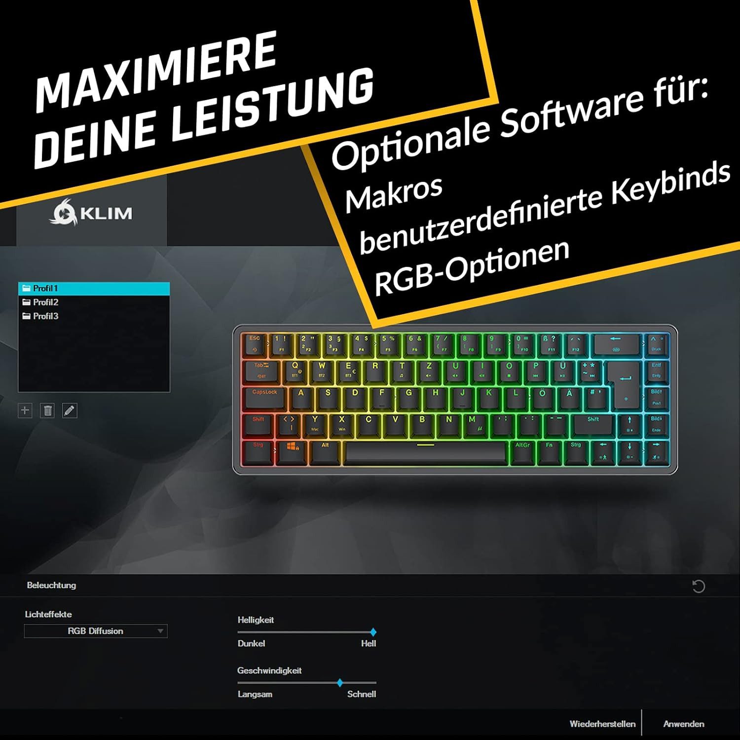 KLIM Switch Gaming-Tastatur (60% Mechanische Tastatur, kabellos, Bluetooth)