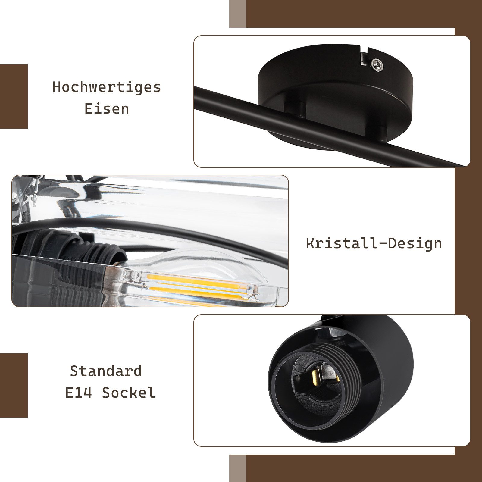 ZMH Deckenstrahler 2/3/4/6 Flammig Retro E14 Deckenleuchte Kristall Lampenschirm Hotel, Einfache Installation, ohne Leuchtmittel, Schwarz 350° Schwenkbar Schlafzimmerlampe