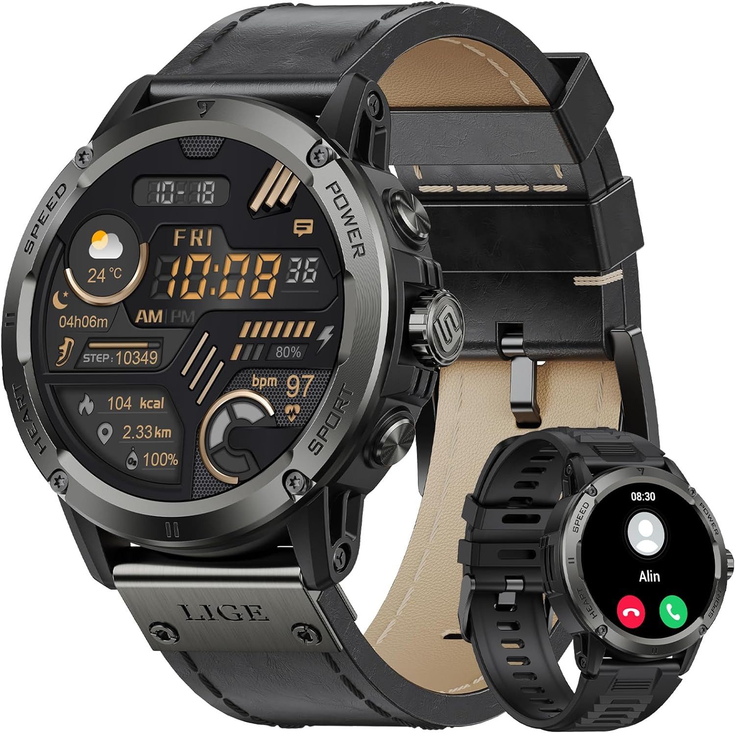 Lige Gesundheitsüberwachung Smartwatch (1,52 Zoll, Android, iOS), mit 400mAh, 123 Sportmodi, IP68 Wasserdicht Sportuhr, Schlafmonitor