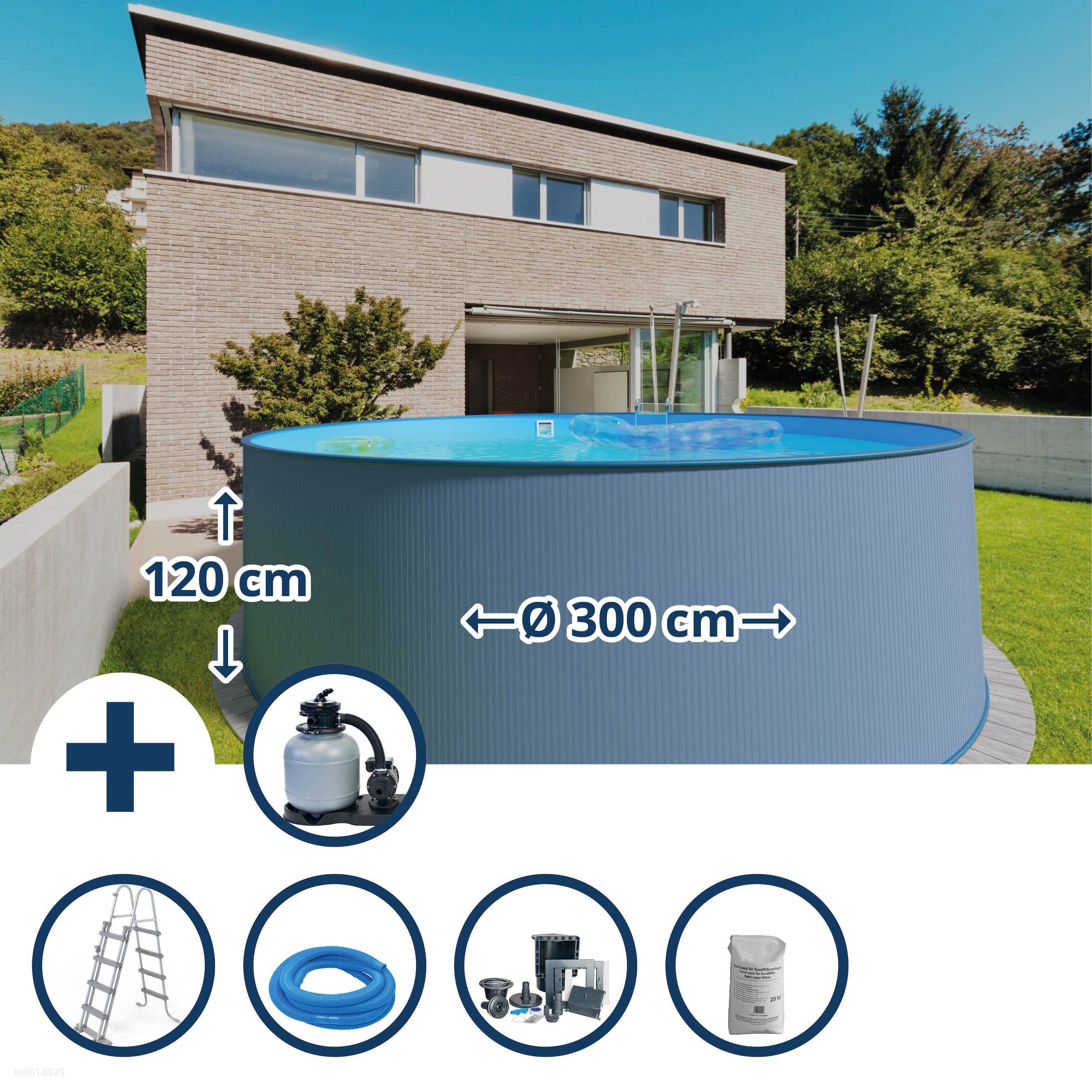 Waterman Rundpool Stahlwandpool Set (7-teilig) hoch rund 300 x 120 c (Komplett-Set), verzinkte Stahlwand