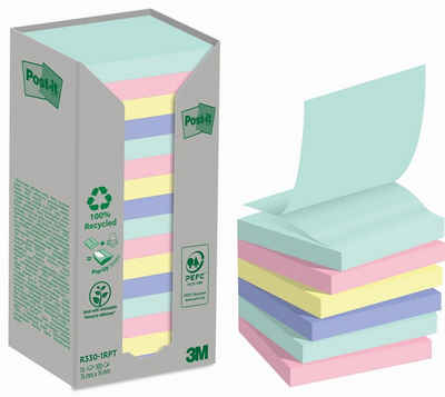 Post-it® Gummibänder Haftnotizblock Recycling Notes - 76 x 76 mm, sortiert, 16 x 100 Blatt