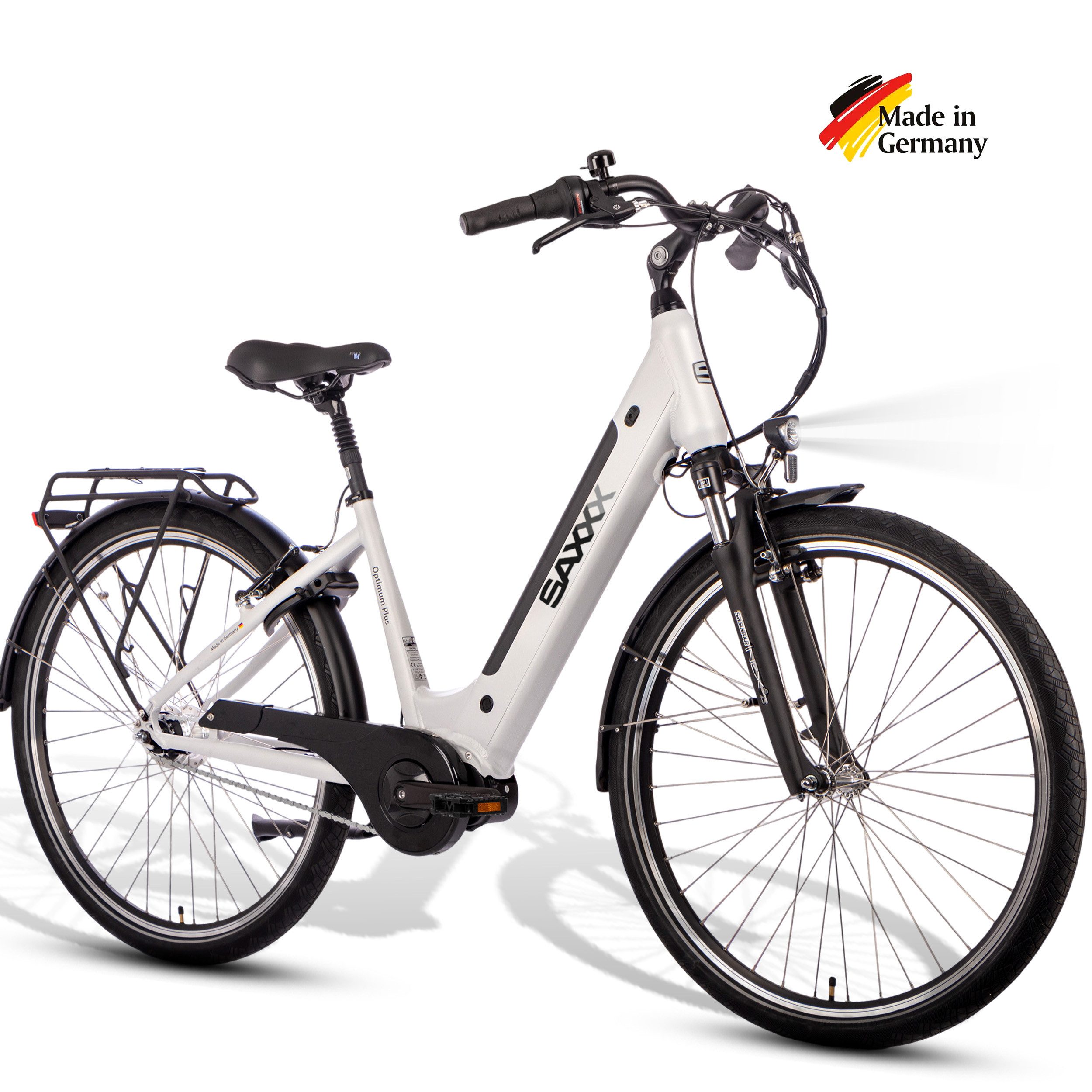 SAXXX E-Bike Cityrad Damen und Herren 28x2 Zoll, 36V 418Wh, 60-100km, V-Bremse, 7 Gang Shimano Nexus Schaltwerk, Nabenschaltung, Mittelmotor, 418 Wh, (mit Akku-Schlüssel, mit Rahmenschloss), abnehmbarer Akuu, Federgabel, Pedelec E-Citybike mit Gepäckträger