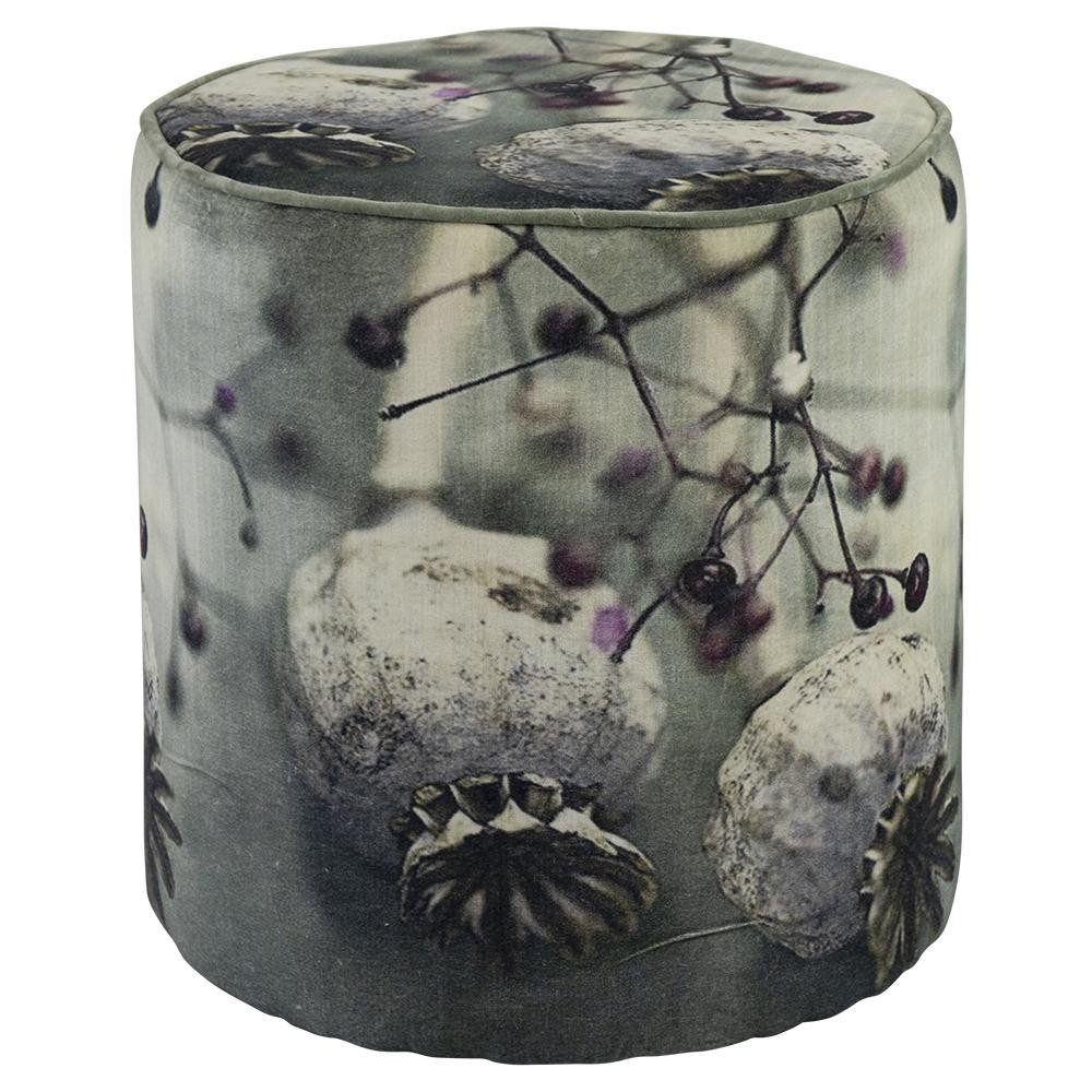 INNA-Glas Sitzhocker Deko Hocker Stoff SARON, Mohnblumen Motiv, grau-lila-weiß, 45cm, Ø40cm