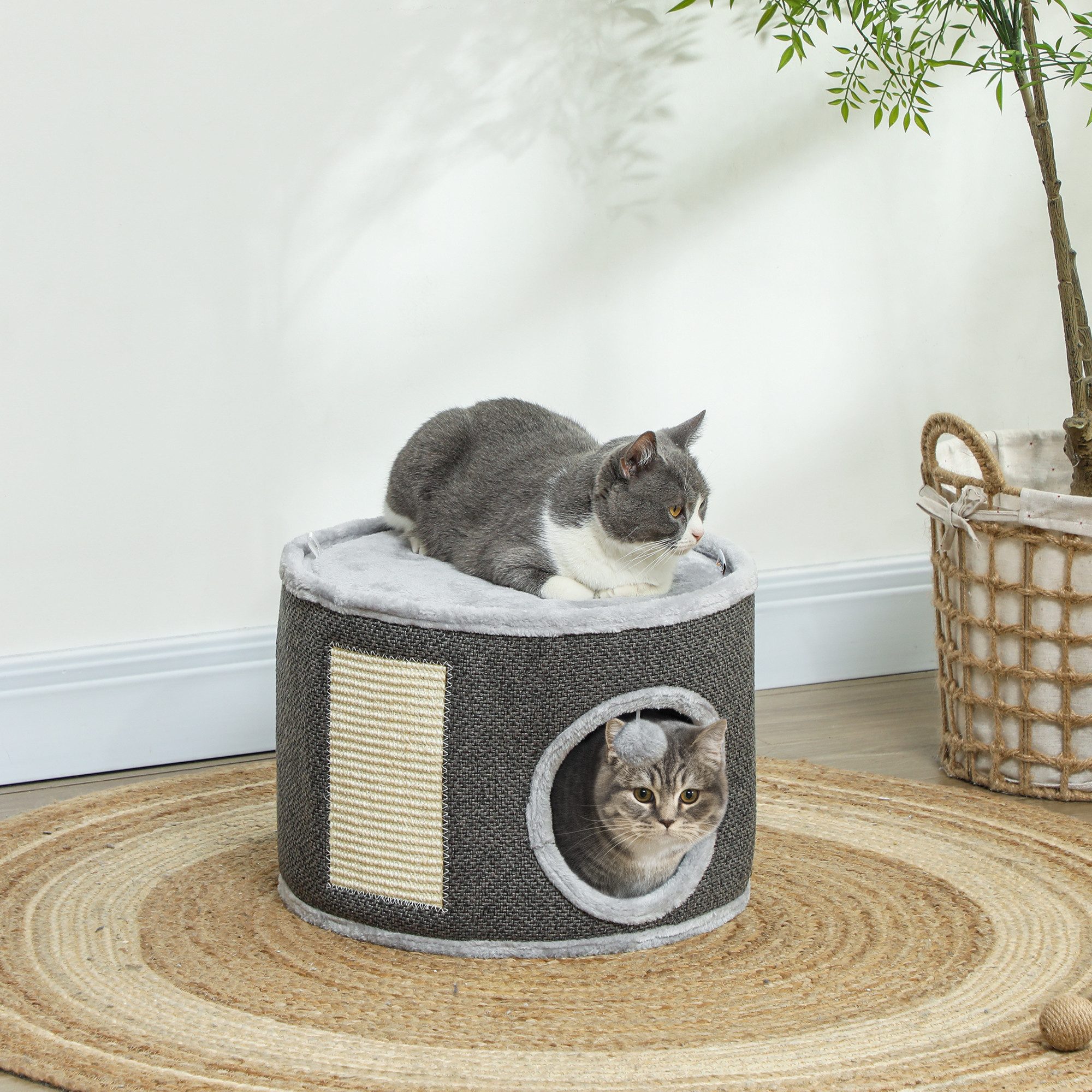 PawHut Kratztonne Kratzbaum, Katzenturm aus Sisal, mit Höhle, (Katzentonne, 1-tlg., Katzenbaum), für Katze bis 5 kg, Dunkelgrau