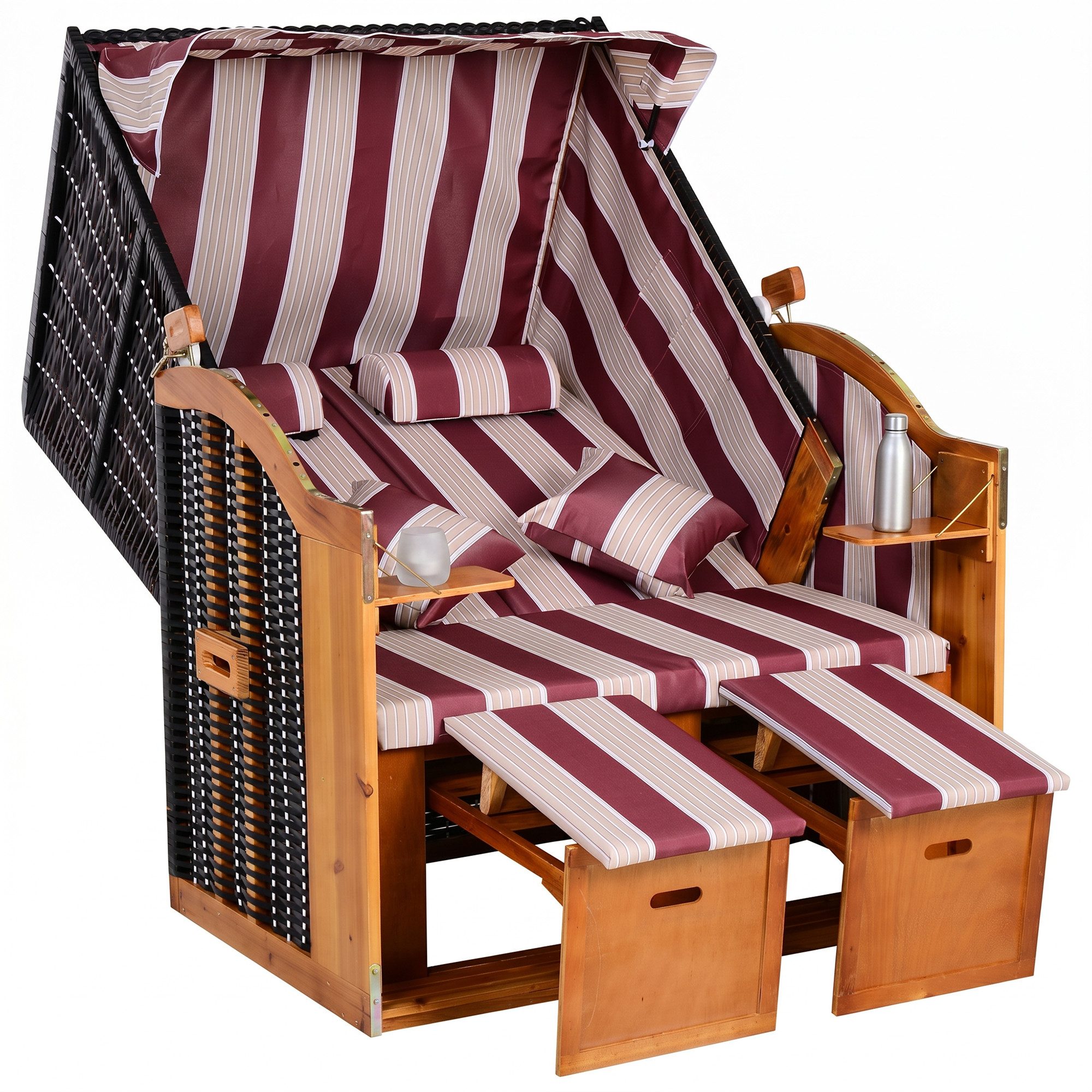 Outsunny Strandkorb Ostsee Volllieger Strandkorb aus Tannenholz, PE Geflecht, Blau+Weiß, BxTxH: 118x79x160 cm, Halblieger, 867-059GY, (Sonnenliege, 1-tlg., Doppelte Sonnenliege), 2-Sitzer
