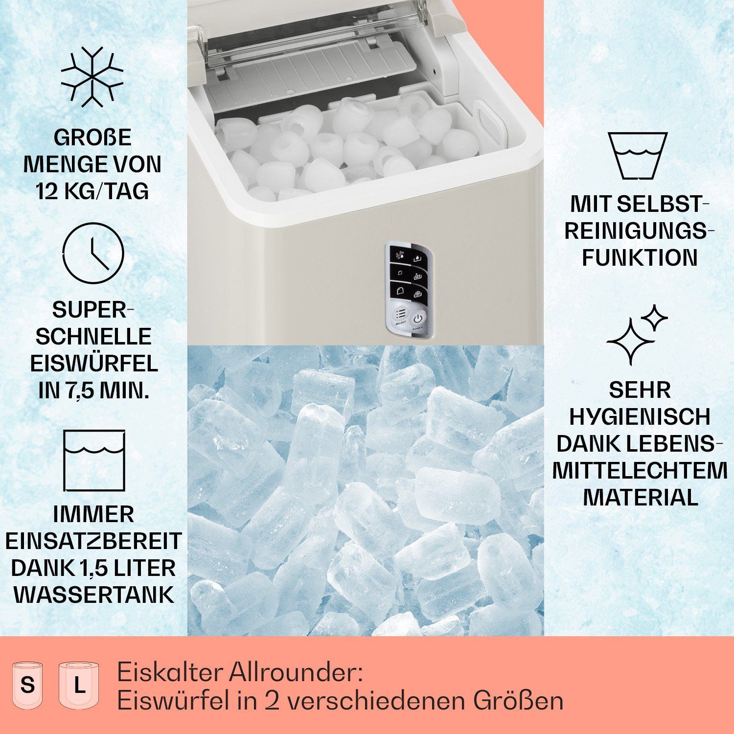 Klarstein Eiswürfelmaschine Albaron Eiswürfelbereiter, Bulleteis für Zuhause 12kg/Tag LCD Display 1,5 L Ice Maker