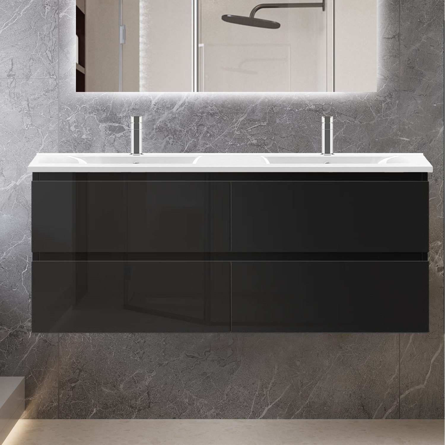 duschspa Waschtisch Waschbecken mit Unterschrank Badmöbel Set Badschrank Waschplatz, Hochglanz, 50-120cm