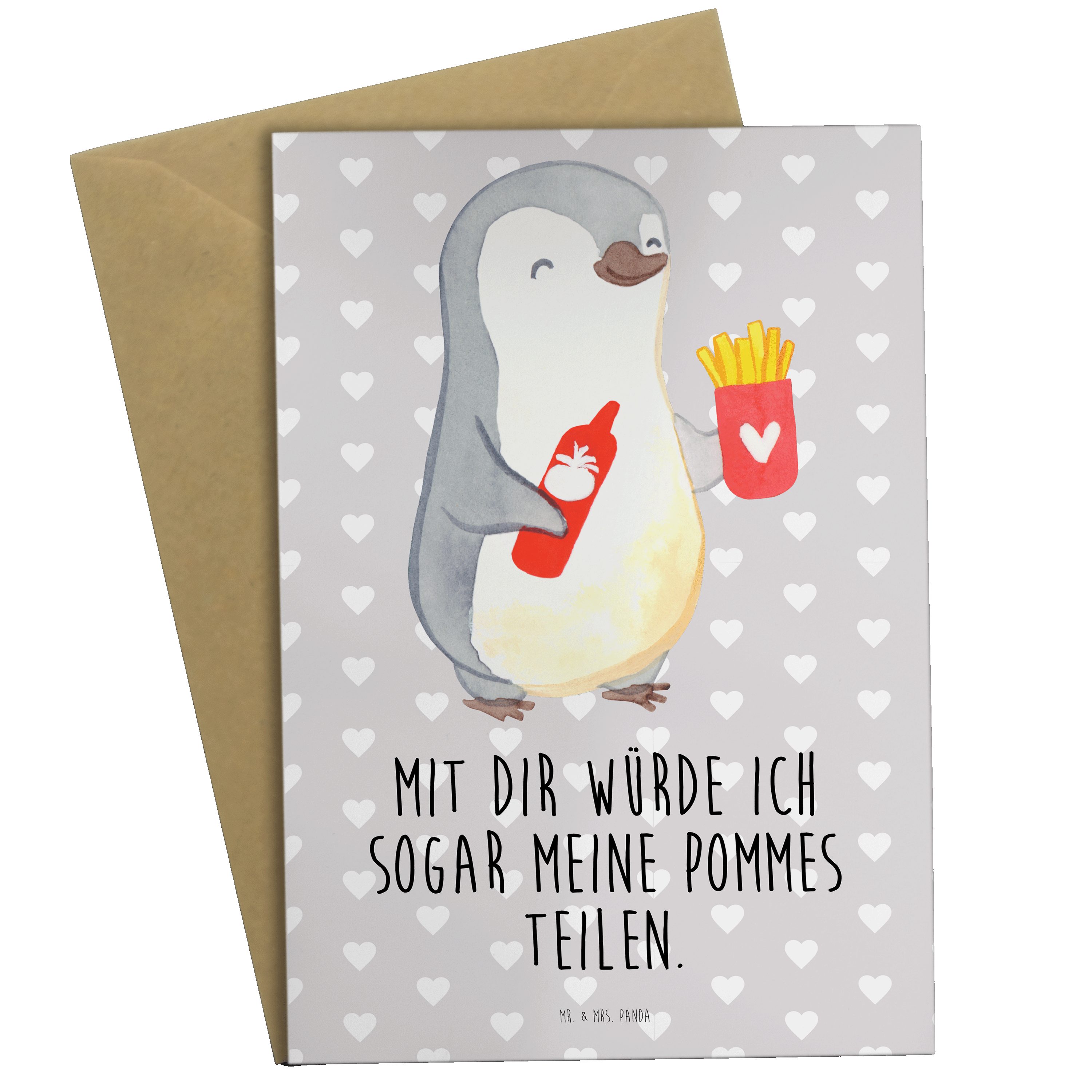 Mr. & Mrs. Panda Grußkarte Pinguin Pommes - Grau Pastell - Geschenk, für Ehemann, Hochzeitskarte