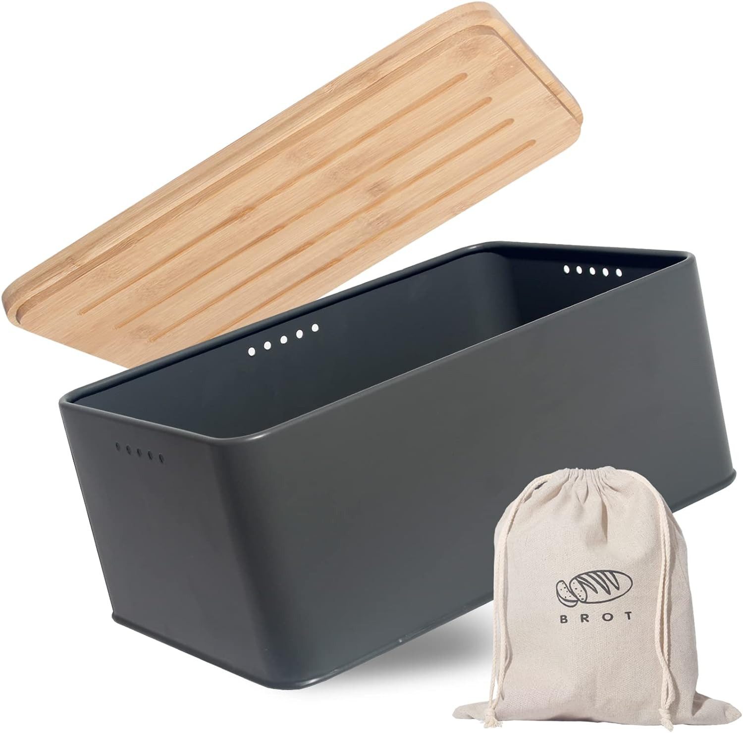 Zedelmaier Brotkasten Brotkasten mit Schneidebrett,MatteBrotbox mit Holzdeckel&Leinen beutel, (MBH006), Rundum Belüftung, Brotkorb für langanhaltende Frische 33x21x15cm