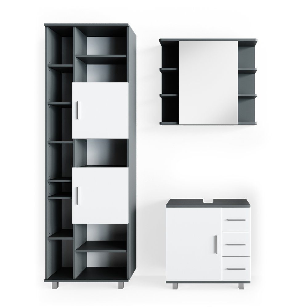 Vicco Badmöbel-Set Ilias, Weiß/Anthrazit, 3 Teile, mit Unterschrank 60 cm, (3-er Set, 3-St., 3er Set)