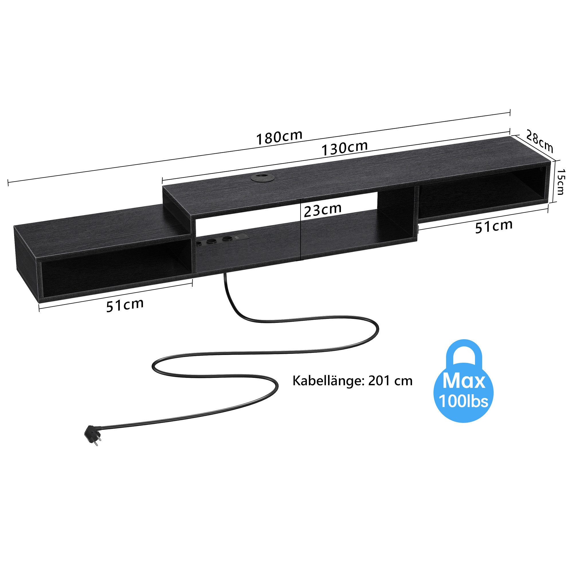 FABATO TV-Schrank schwebender und hängender Fernsehschrank, Lowboard mit LED-Licht mit Steckdosen und Ablagefach für Wohnzimmer, Schwarz, 180*28*15 cm – Bild 3 von 5