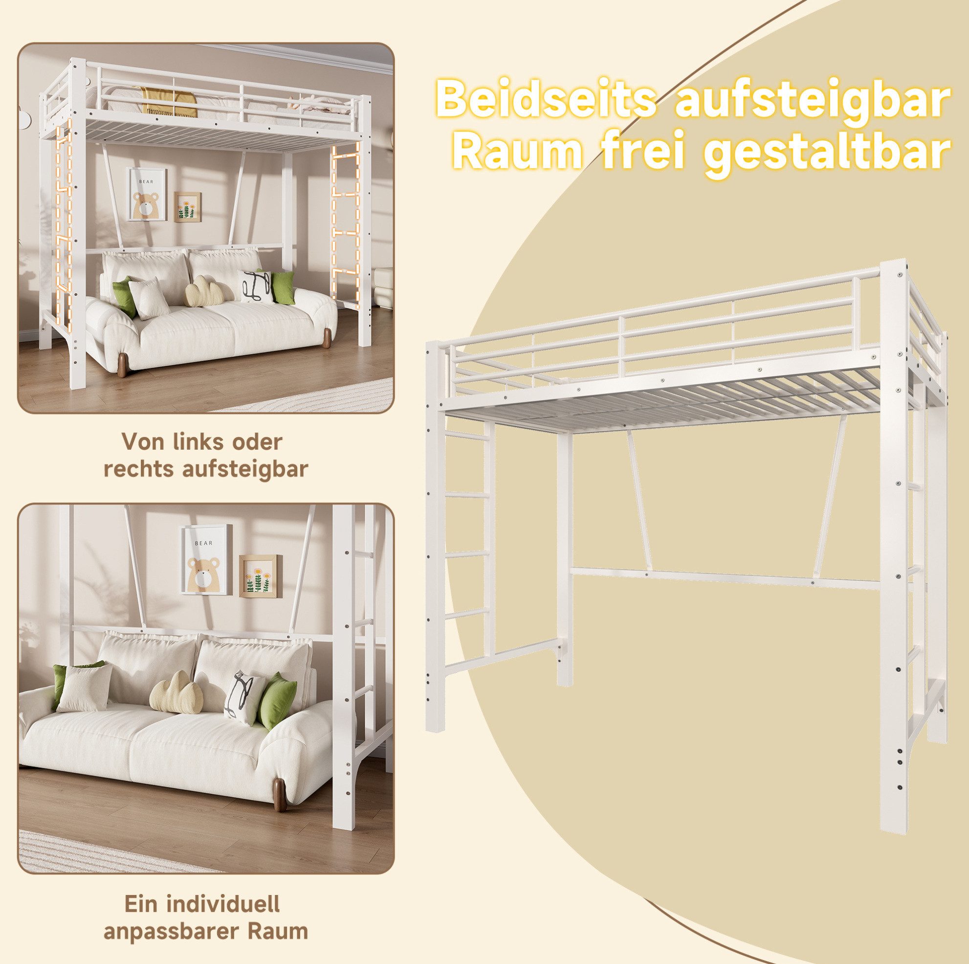 OKWISH Hochbett Metallbett mit Doppelleiter (Jugendbett mit Doppelleiter und großzügigem Freiraum unter der Liegefläche, modernes Design, Funktionsbett Eisenbett) Inklusive Matratze