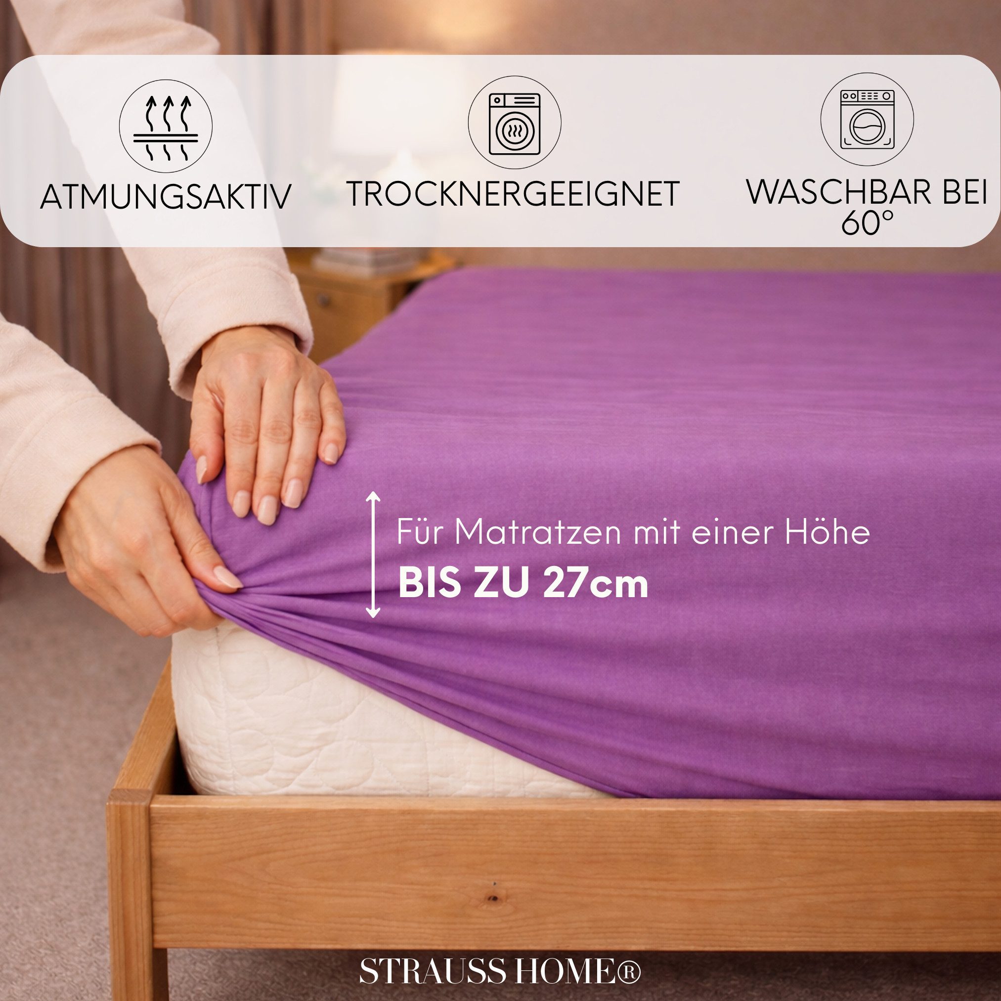 Strauss Home Spannbettlaken Premium 160 g/m² Gekämmte Baumwolle Jersey in Hotelqualität, Gummizug: Rundumgummi, OEKO-TEX®-zertifiziert - Hotelqualität – Formsta – Bild 3 von 5