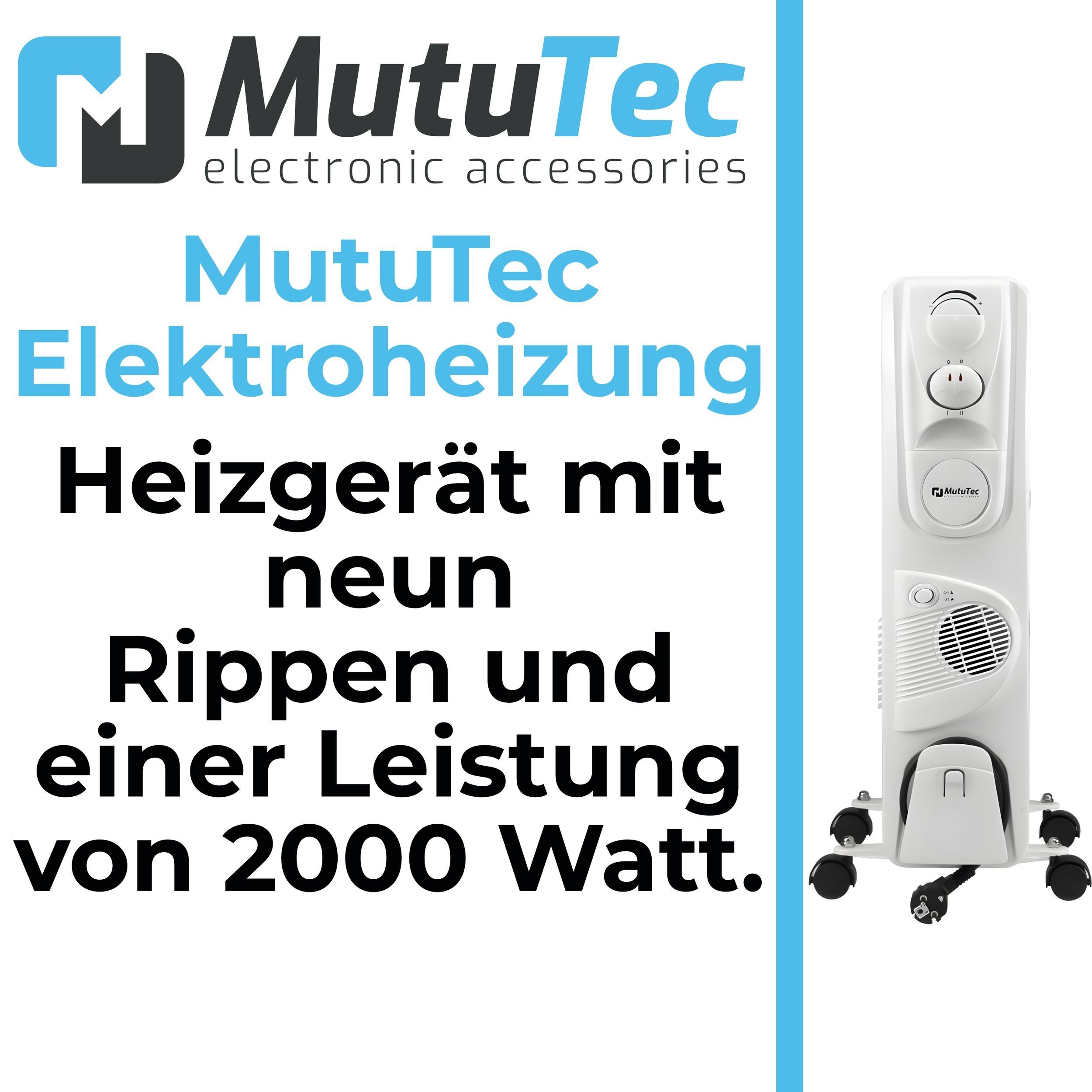 MutuTec / 9 Heizgerät 2000W Elektroheizung - Weiß Rippen Ölradiator