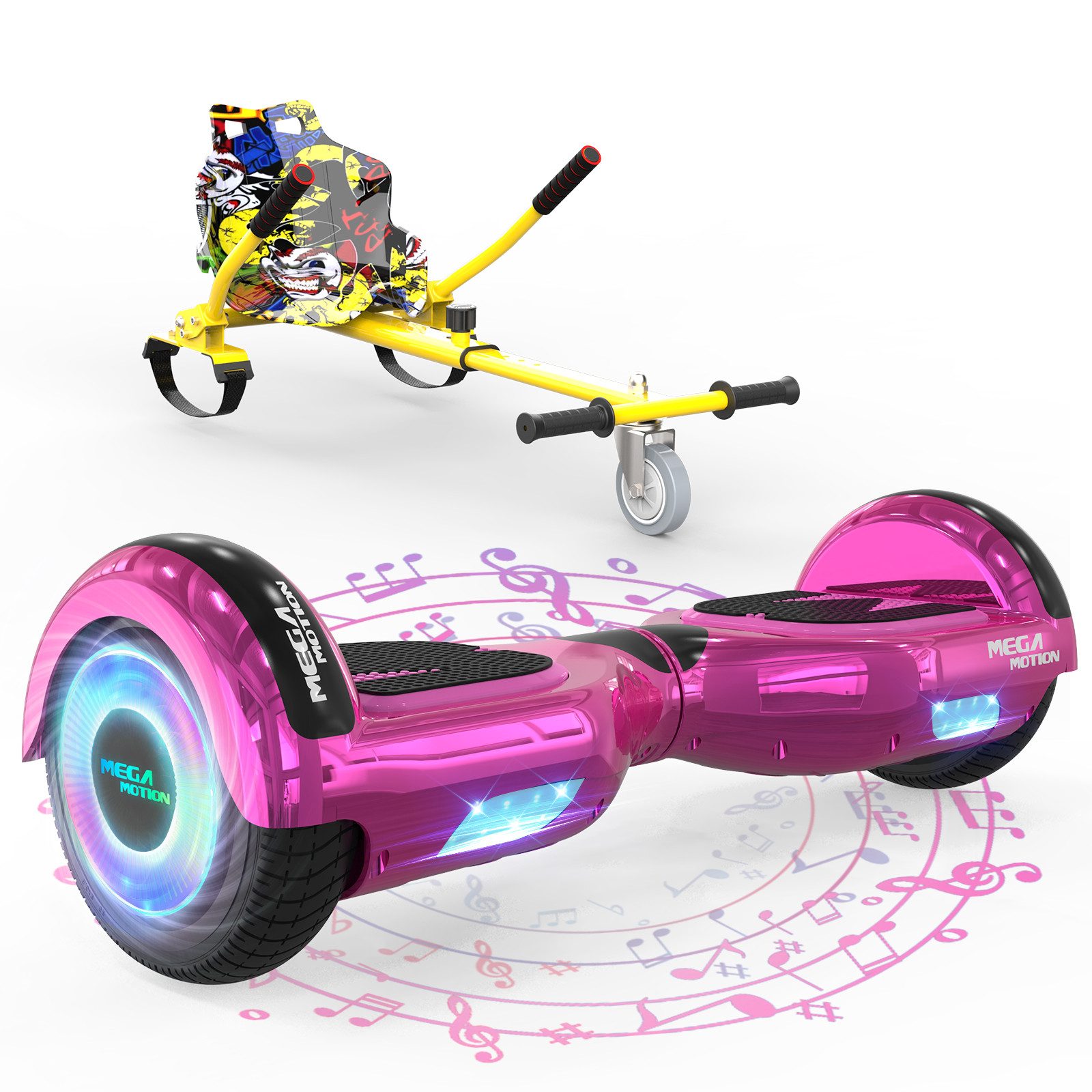 Mega Motion Balance Scooter 6.5 Zoll Hoverboards Hoverkart Mit Sitz und Bluetooth und LED-Blitz, mit einem Go-Kart können Sie mehr Spaß haben.