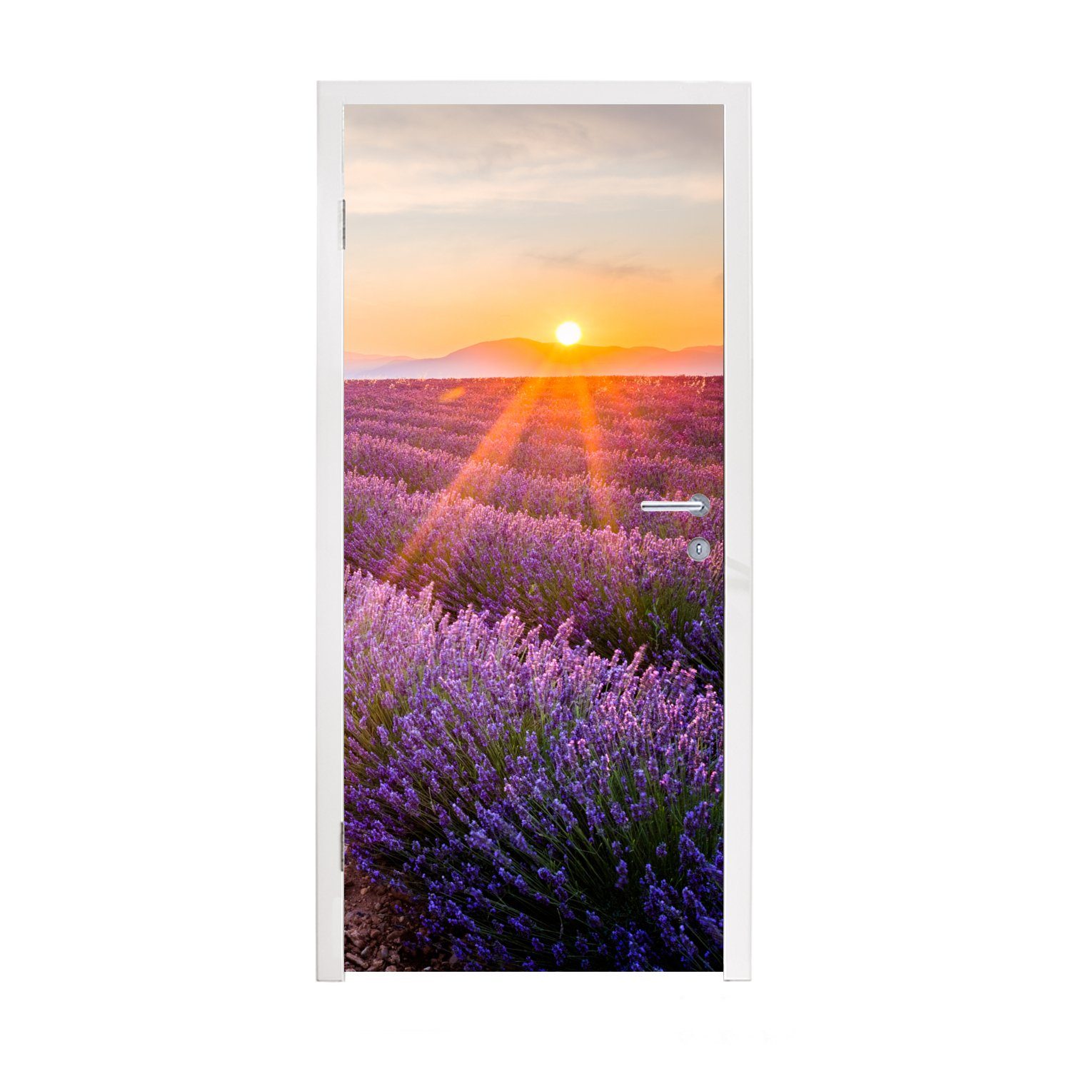 MuchoWow Türtapete Lavendel - Sonnenuntergang - Blumen - Lila, Matt, bedruckt, (1 St), Fototapete für Tür, Türaufkleber, 75x205 cm