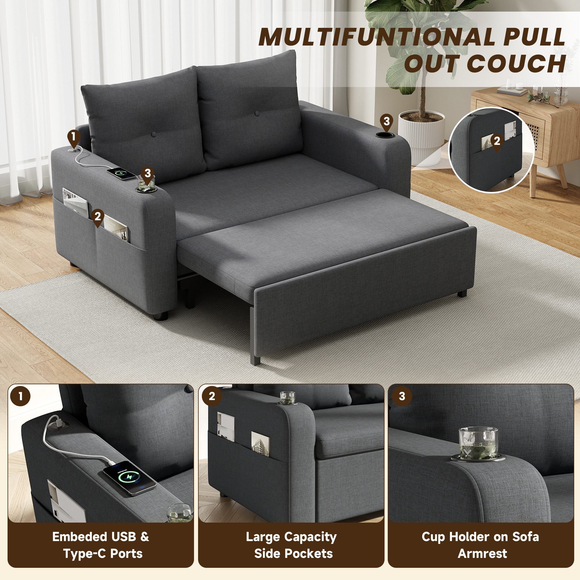 Merax Schlafsofa 3-in-1 Sofa mit ausziehbarem Bett und USB- & Type-C-Anschluss, Modernes Sofa für Wohnzimmer und Schlafzimmer 1 Teile, Doppelsofa Sofabett mit Getränkehaltern, Seitentaschen & Rückenkissen