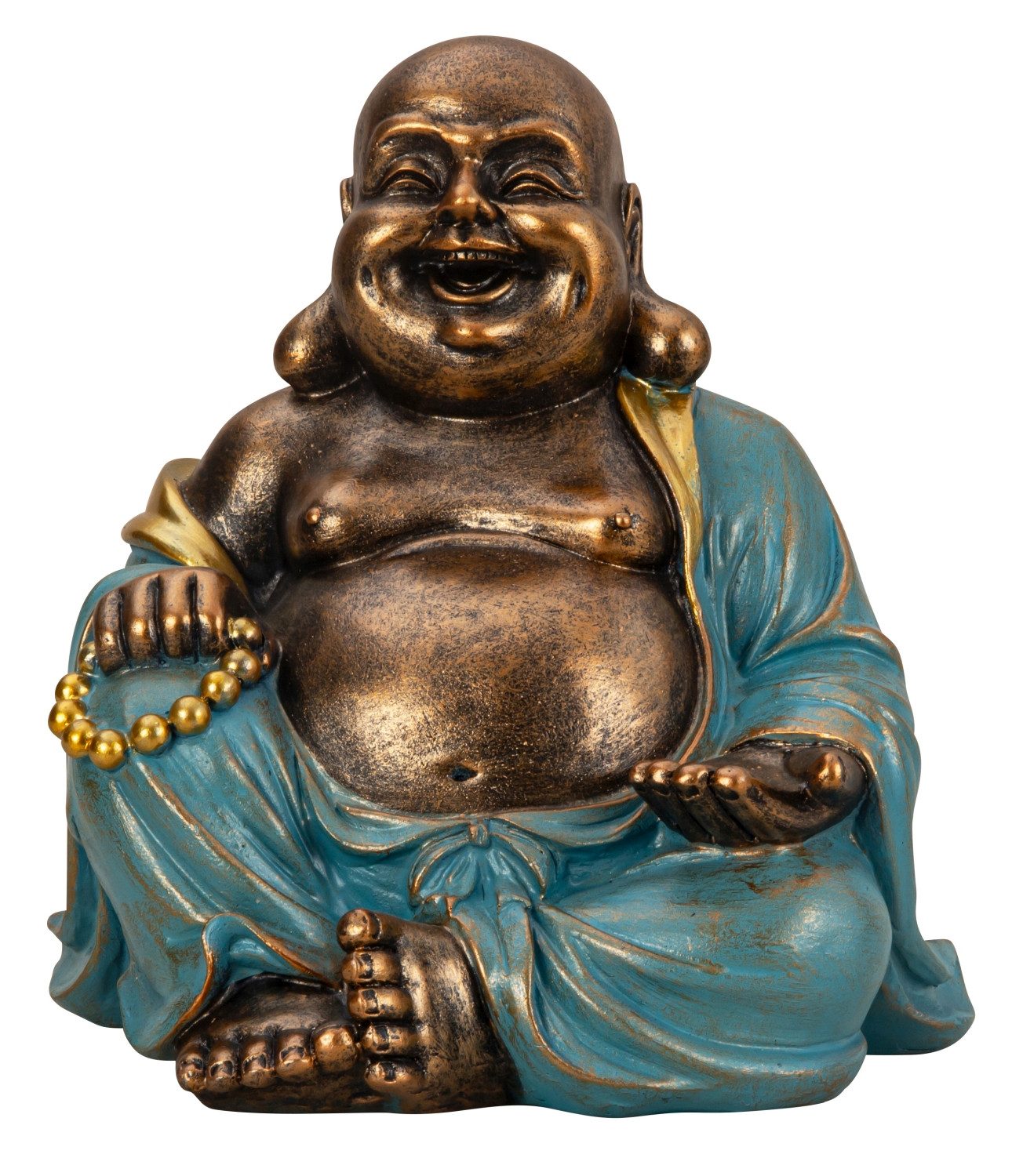 Geschenkestadl Buddhafigur Lachender dicker Buddha Figur 23cm gold türkis fröhlich sitzend