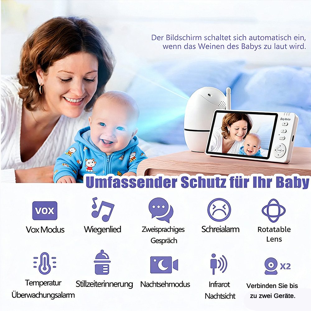 Fine Life Pro Video-Babyphone Babyphone 720P mit Kamera 5 Zoll HD 3500mAh Baby Monitor, VOX-Modus Digitalzoom Nachtsicht Gegensprechen Temperaturanzeige