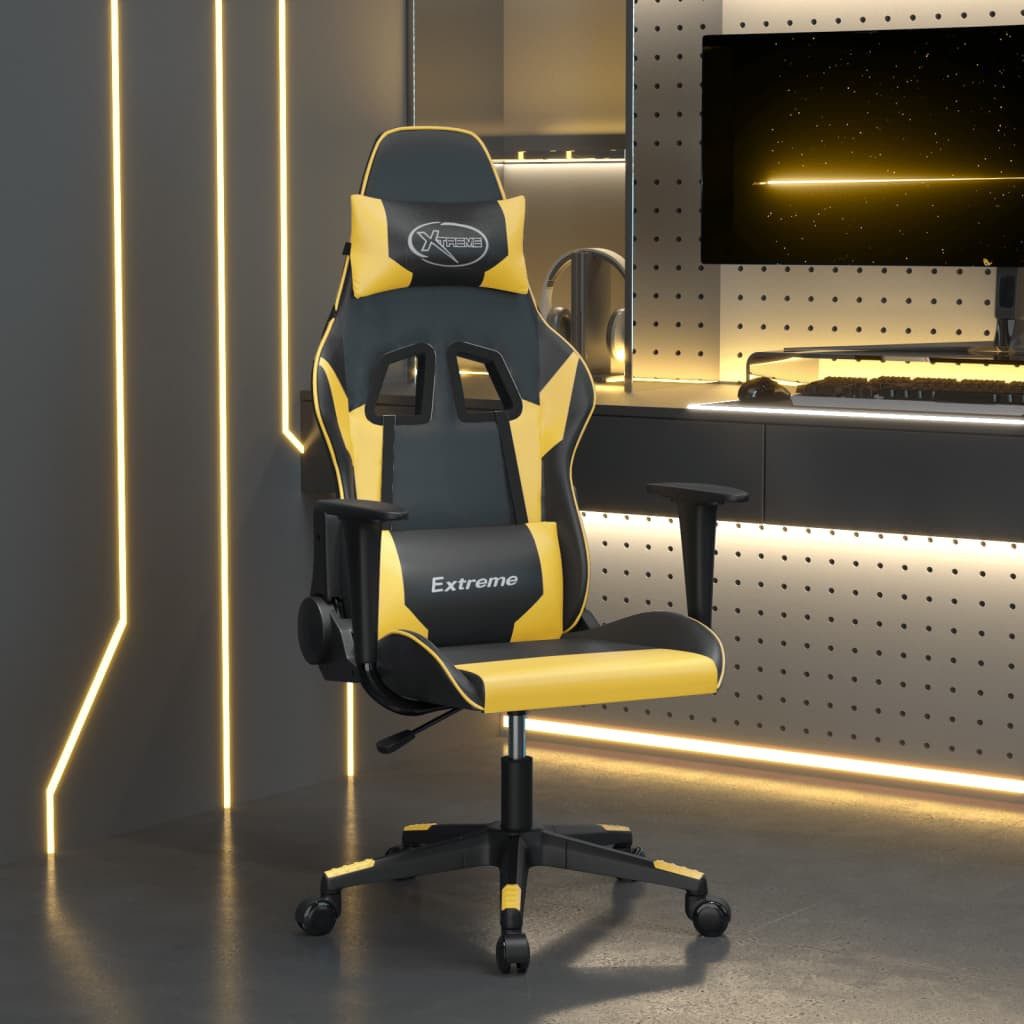 furnicato Gaming-Stuhl Kunstleder Schwarz Gold 66,5x61x(118-127,5) cm (1 St), Bürostuhl mit Massagefunktion, USB-Anschluss und verstellbarer Lehne