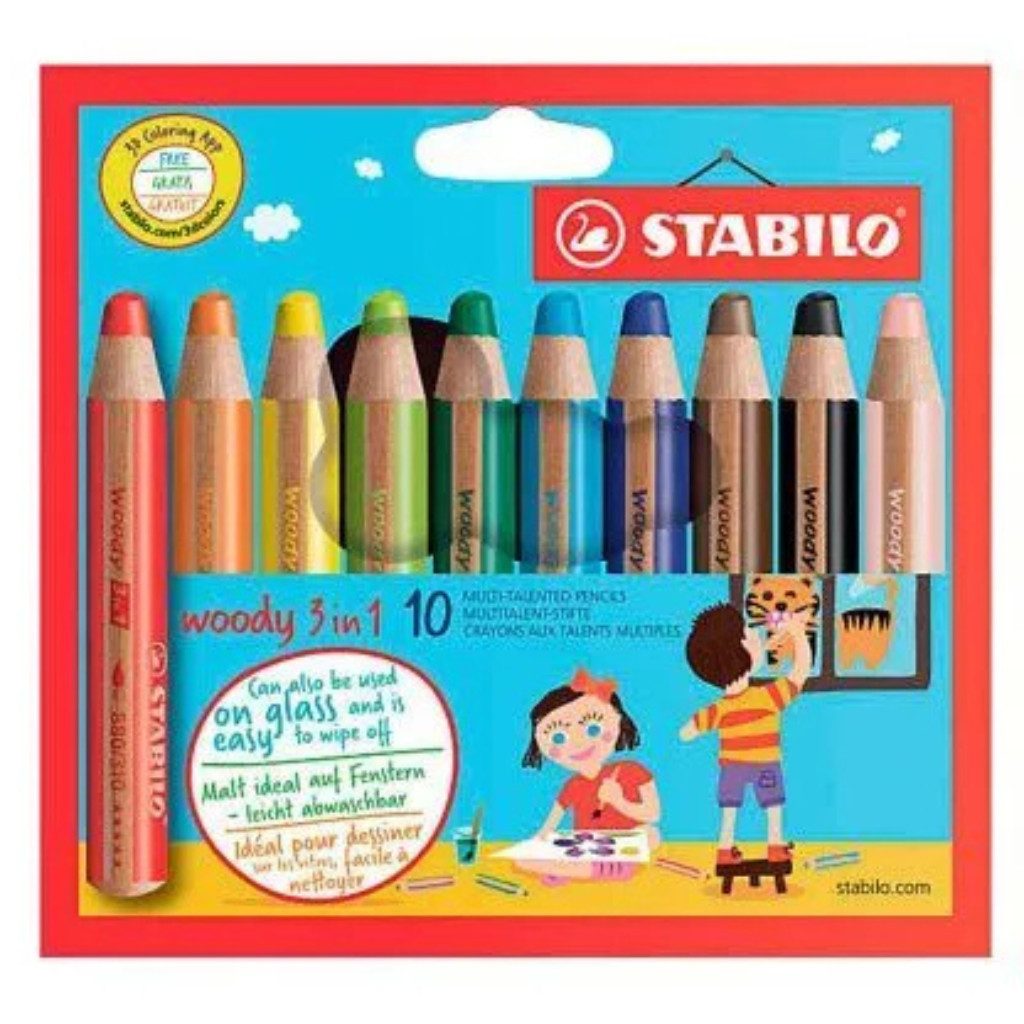 STABILO Buntstift STABILO woody 3 in 1 Buntstifte farbsortiert, (Packung, 10-tlg., woody), Jumbo-förmige, bunte Карандаши für Kleinkinder