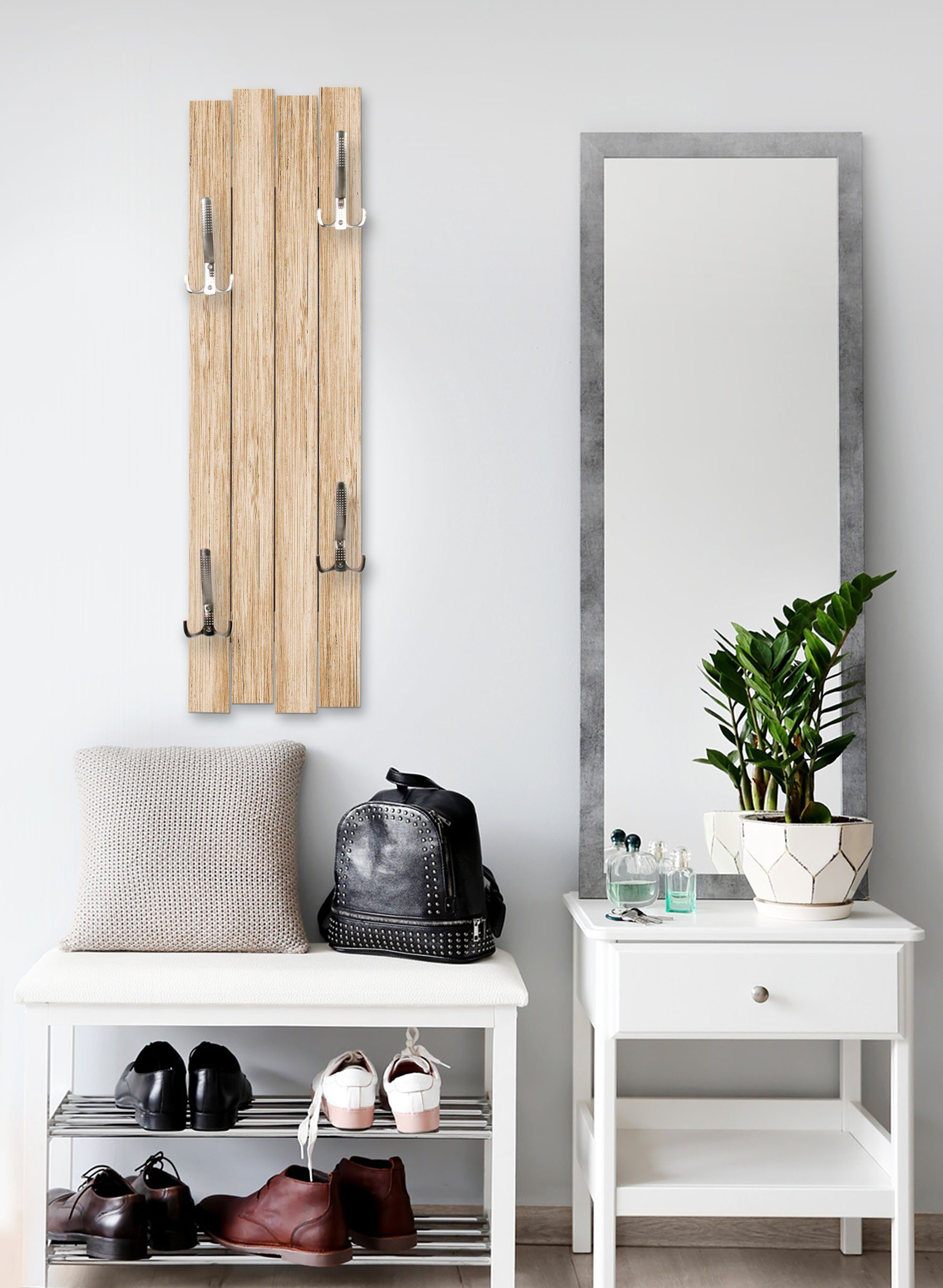 Kreative Feder Wandgarderobe Wand-Garderobe „Holz Beige“ aus Holz, Shabby-Chic; ca. 100 x 30 cm; mit 4 Haken; außergewöhnlich, modern