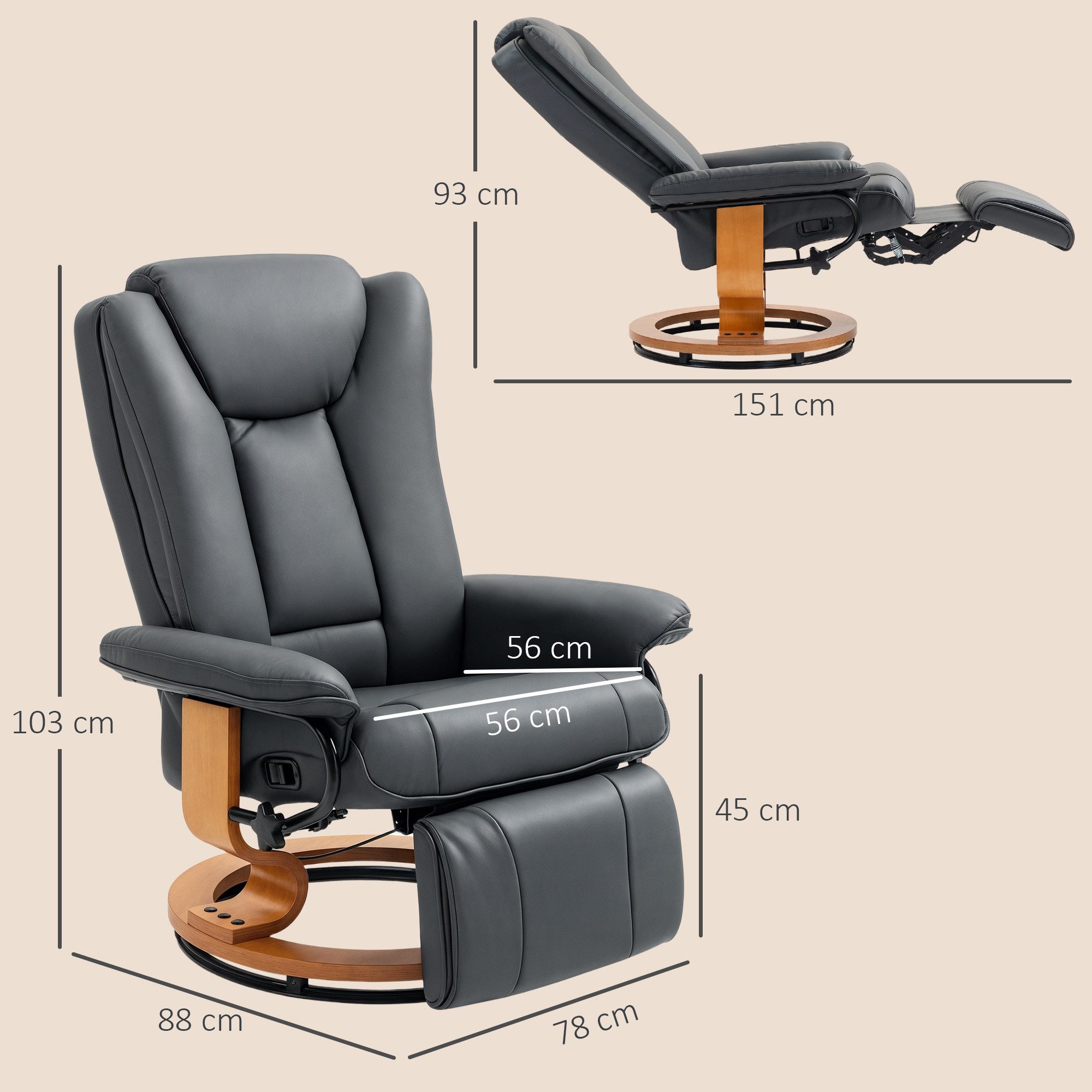 HOMCOM Relaxsessel Fernsehsessel mit Liegefunktion, verstellbarer Rückenlehne (Liegesessel, 1-St., TV-Sessel), für Wohnzimmer, Schlafzimmer, Dunkelgrau