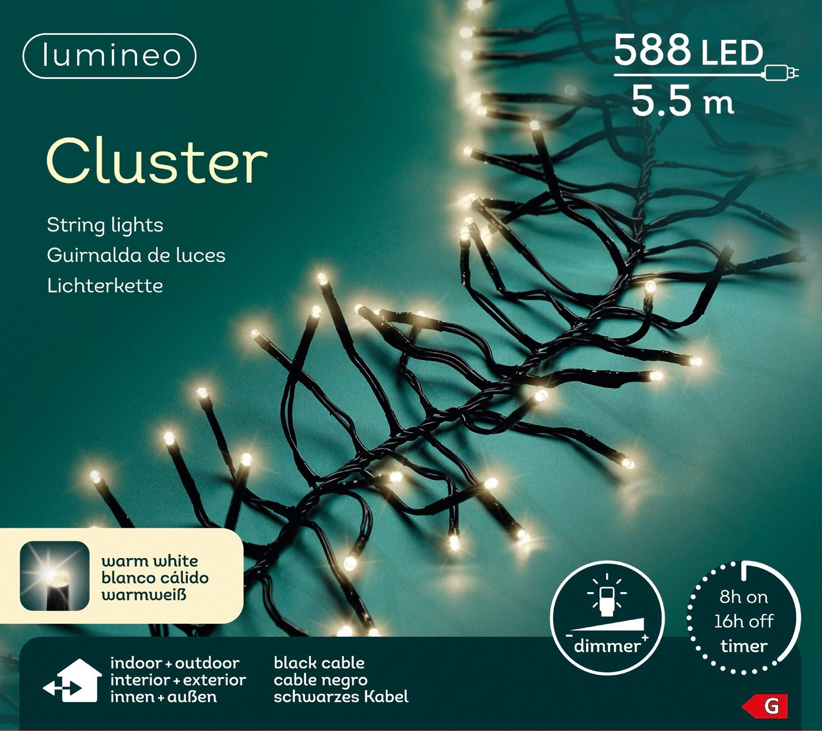 Lumineo LED-Lichterkette Lumineo Lichterkette CLUSTER 588 LED 5,5 m warm weiß, schwarzes Kabel, Dimmbar, Timer, Indoor, Outdoor