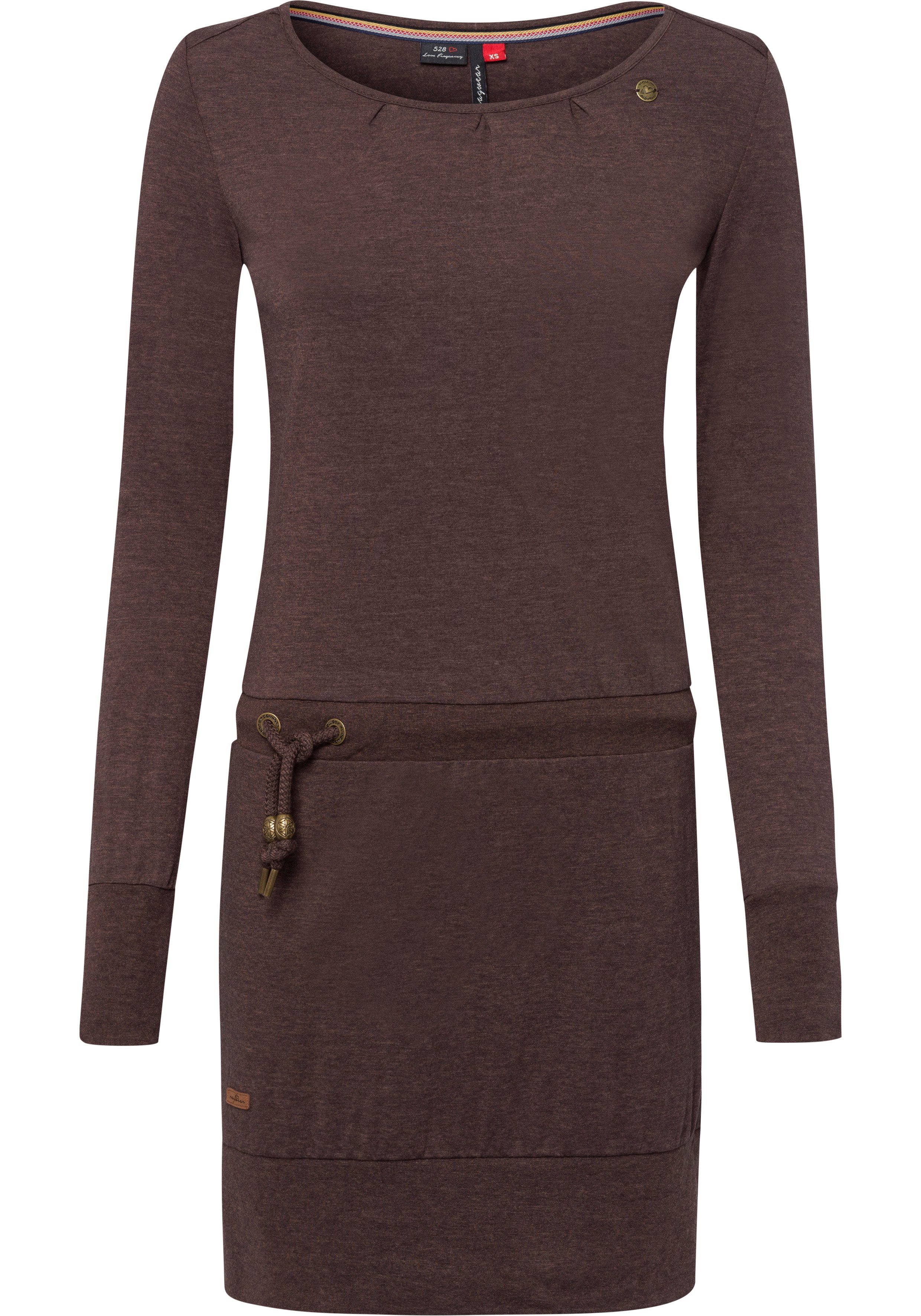 Kordelzug dark Ragwear und Zierperlen-Besatz Jerseykleid ALEXA mit kontrastigen 6022 choco