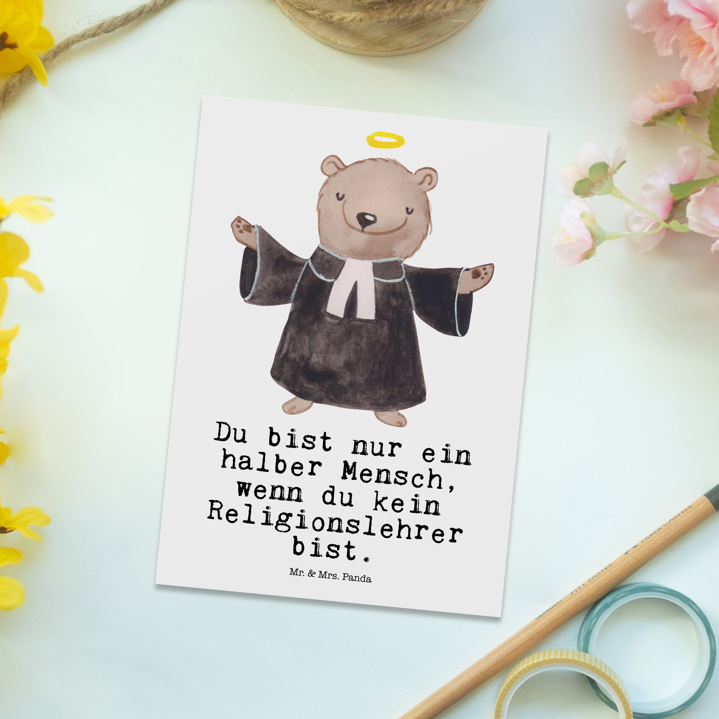 mit Panda & Religionslehrer Reli Postkarte Lehrer, Mr. Weiß Geschenk, Mrs. Grund - Herz Firma, -