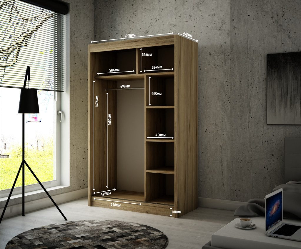 ALTDECOR Schiebetürenschrank VILAN (Kleiderschrank Garderobenschrank mit viel Stauraum Moderner Schrank) Spiegel Spiegeltüren Lamellen Schwebetürenschrank LED Beleuchtung