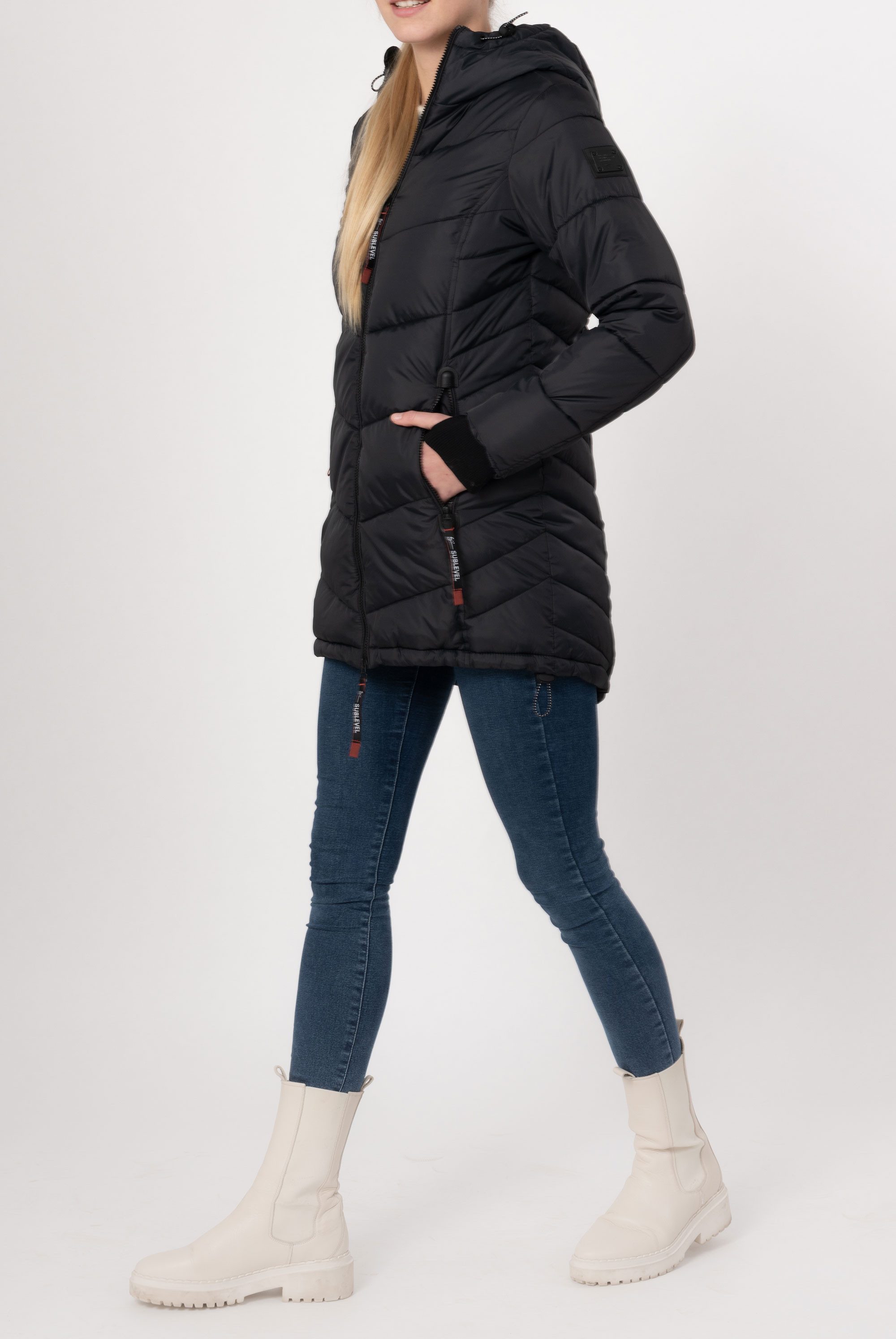 SUBLEVEL Steppjacke Damen Mantel mit Kapuze lange Winter Jacke Parka Stehkragen, Kapuze, flauschig, kuschelig, warm, Outdoor, Mantel