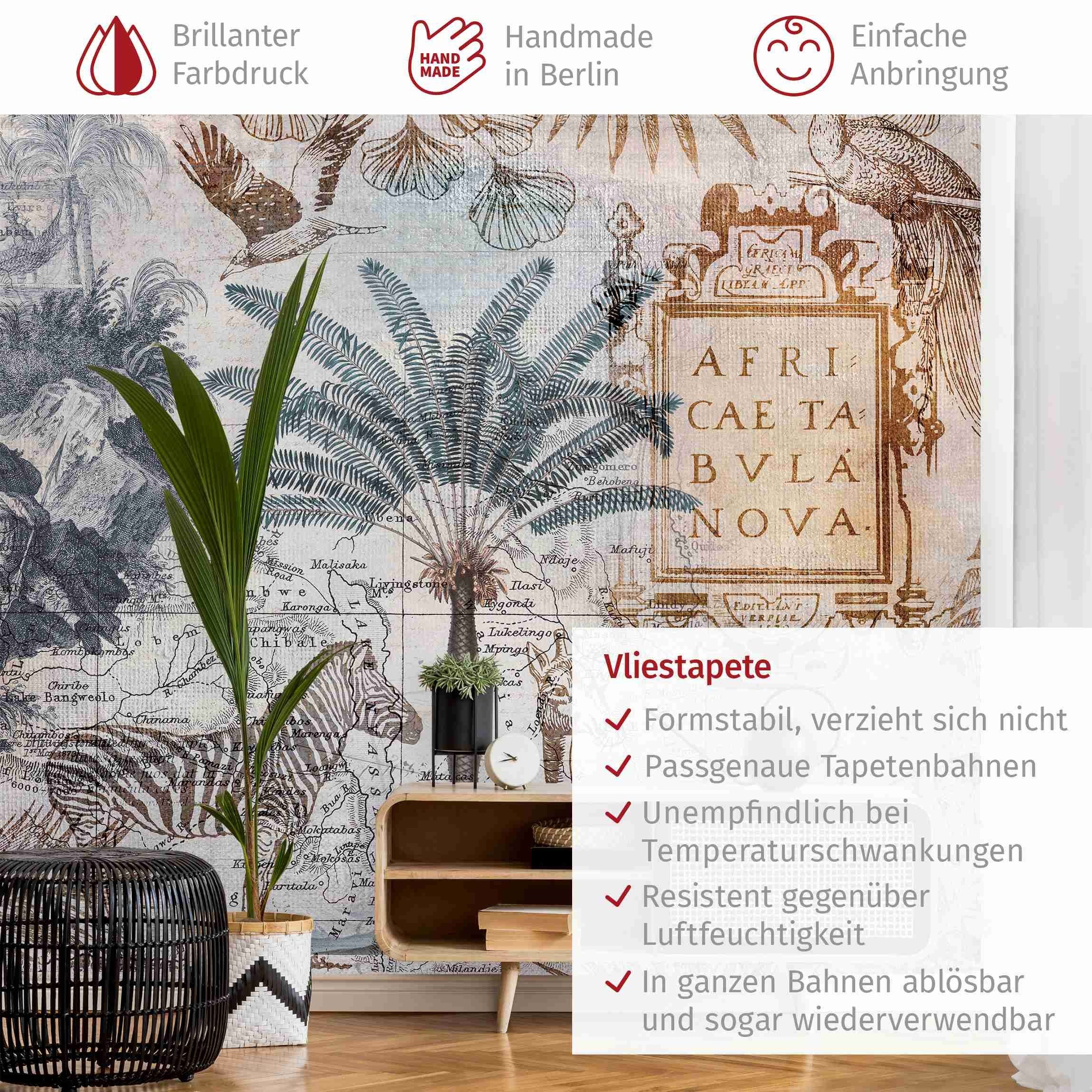 Bilderdepot24 Fototapete Weltkarte Vintage Landkarte Afrika Tiere Palme Tropisch Giraffe, Glatt, Matt, (Vliestapete inkl. Kleister oder selbstklebend), Wohnzimmer Schlafzimmer Küche Flur Motivtapete Vliestapete Wandtapete