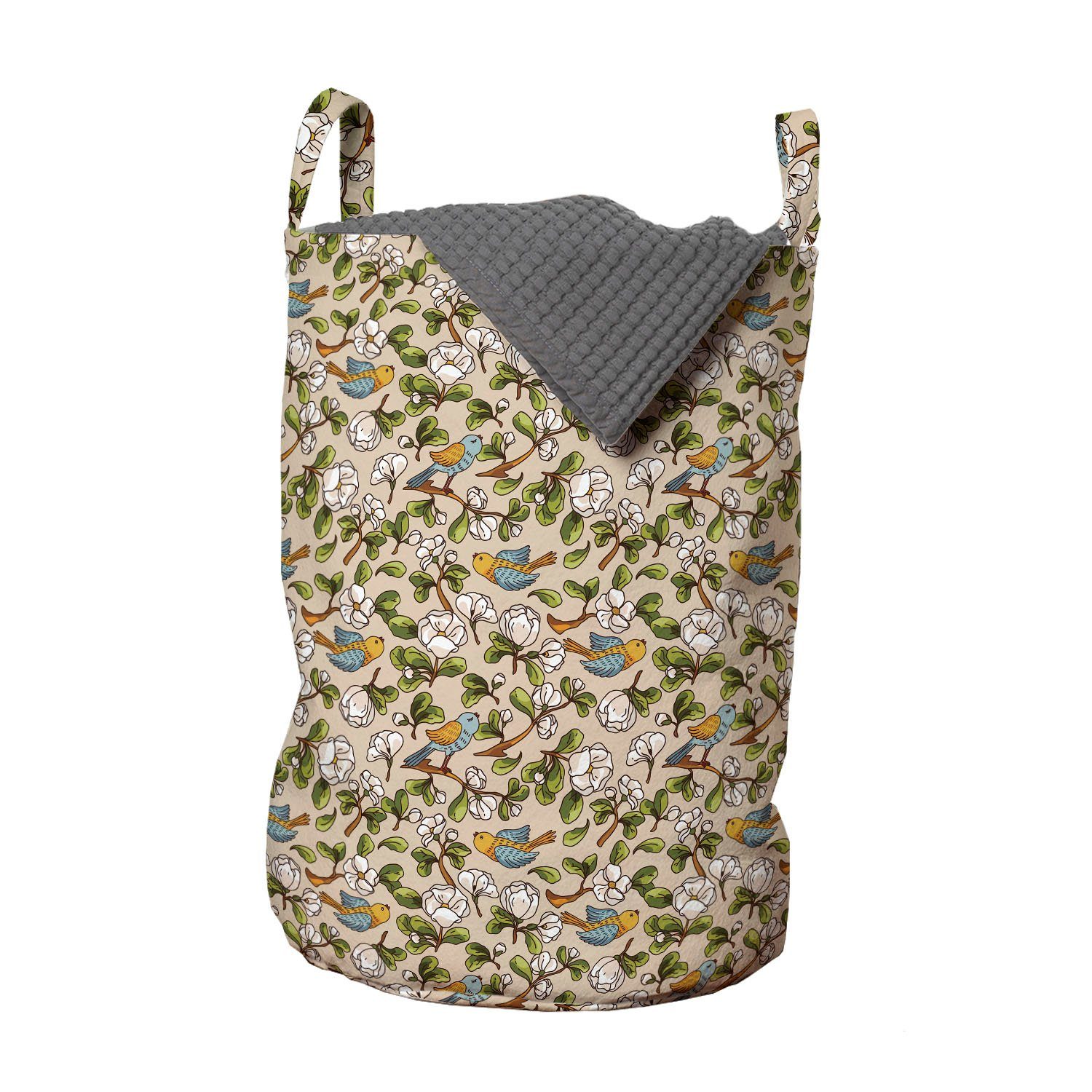 Abakuhaus Wäschesäckchen Wäschekorb mit Griffen Kordelzugverschluss für Waschsalons, Blumen Apple-Blüten und Vögel