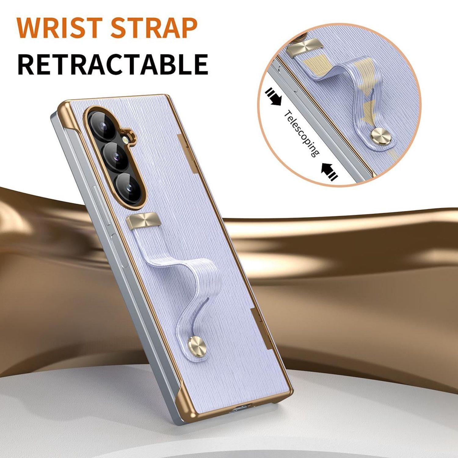 Wigento Handyhülle Für Samsung Galaxy Z Fold7 Design Leder Hülle mit Handriemen Lila, Leder Hülle mit einziehbarem Handriemen und integriertem Ständer