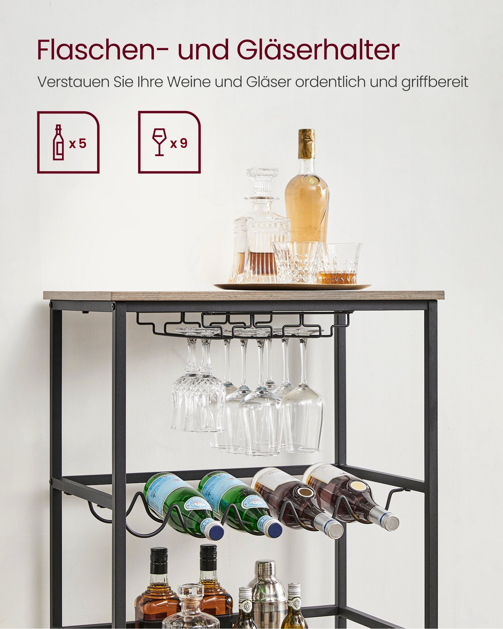 meliert-Schwarz Weinglashalter, Küchenwagen, Greige x VASAGLE 60 Servierwagen, 82 40 cm x