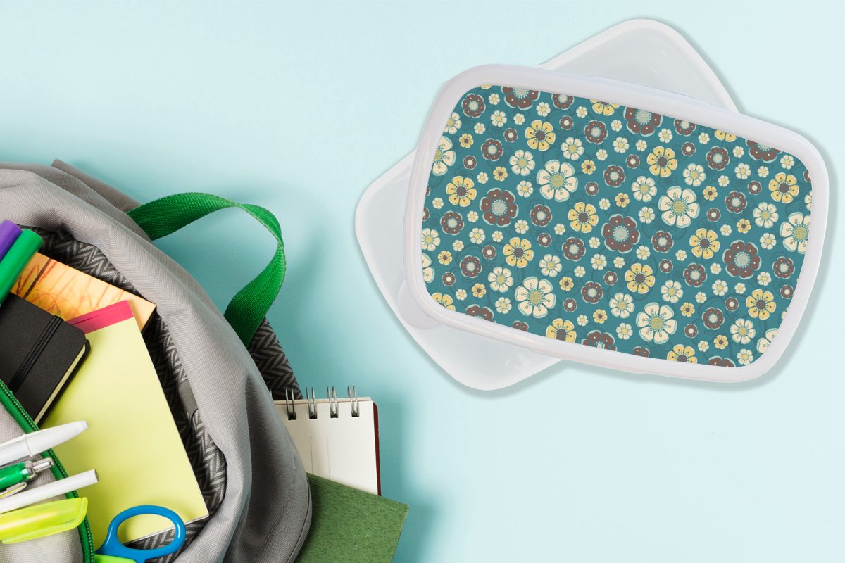 MuchoWow Lunchbox Retro - Blumen Brotdose, Muster weiß und (2-tlg), für Mädchen Jungs - für Kunststoff, Blau, und Erwachsene, Kinder - Brotbox