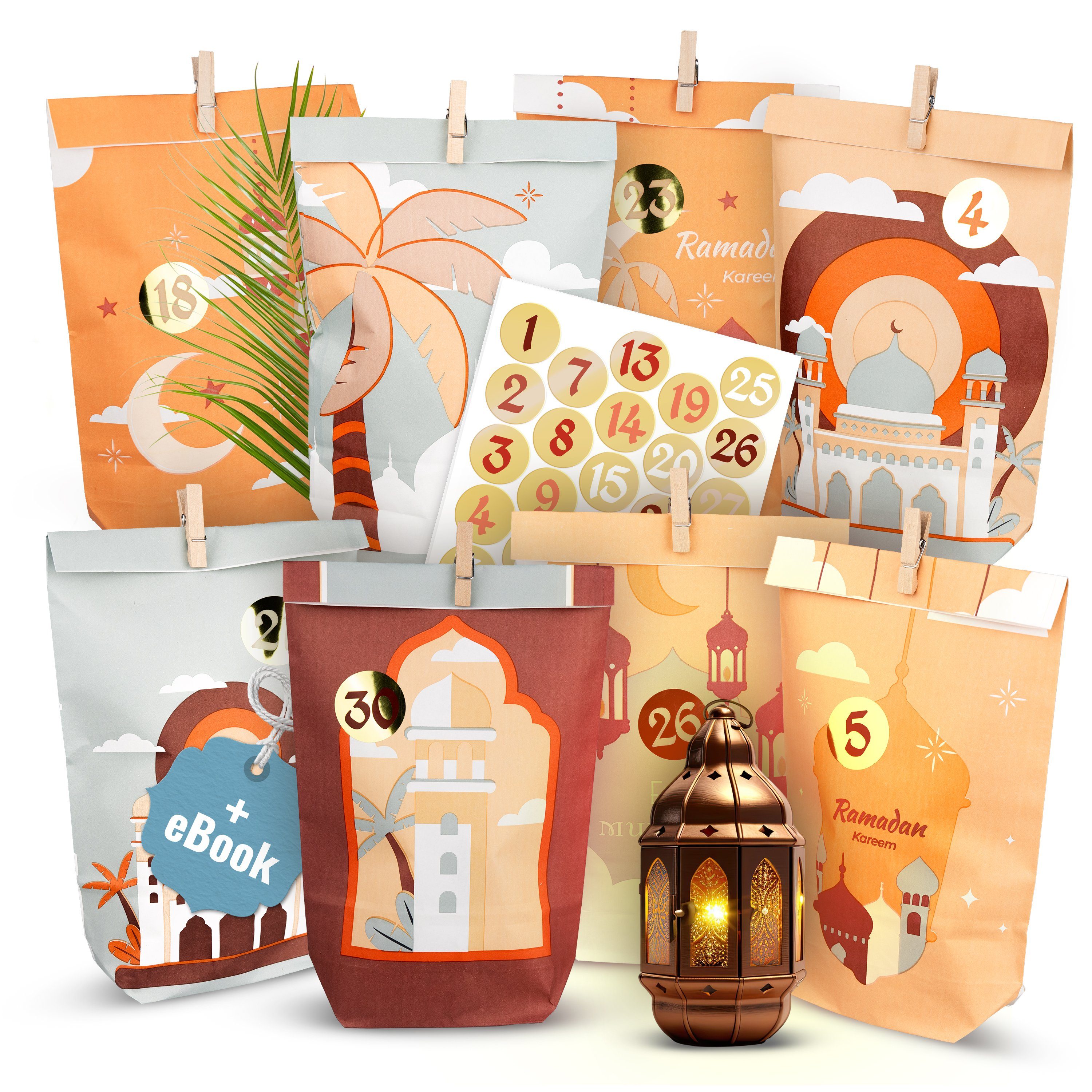 Amari Countdown Kalender Ramadan Tüten zum Selbstbefüllen für Kinder und Erwachsene, 30 Stk. inklusive Zahlenaufkleber & Klammern