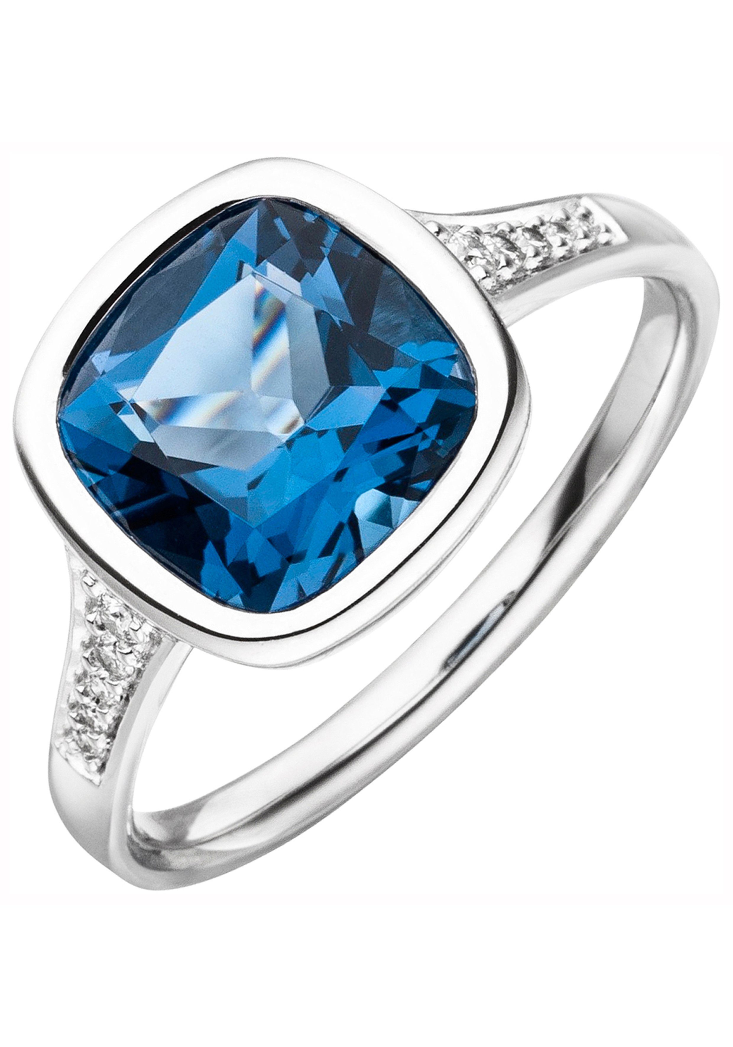 JOBO Fingerring, 585 Weißgold mit Blautopas und 10 Diamanten