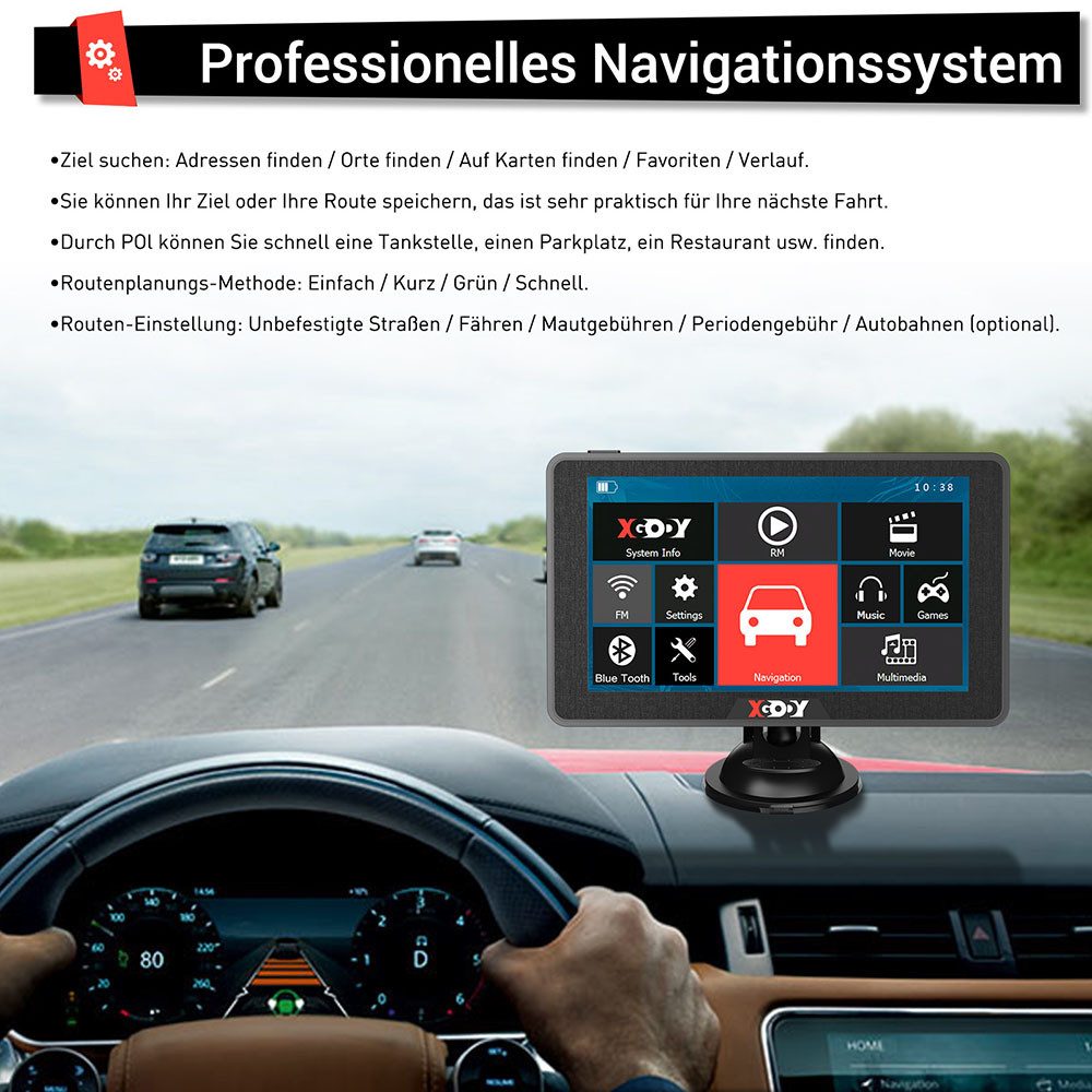XGODY 7 Zoll PKW-Navigationsgerät (Europa (48 Länder), Lebenslange Kartenaktualisierung, GPS Navigation für Auto und LKW, Bluetooth, 3D Karten)