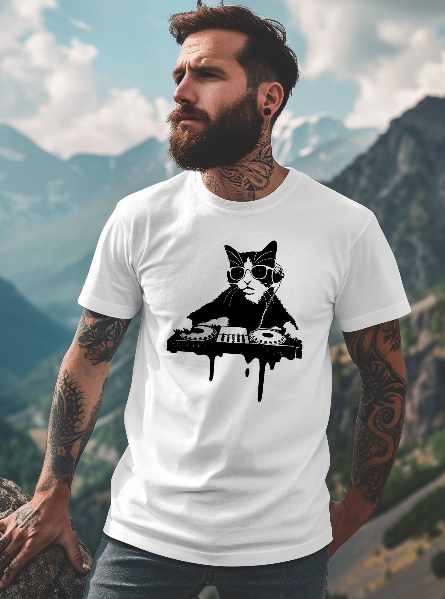 Neverless Print-Shirt Herren T-Shirt Techno Katze DJ Musik Motivshirt Sommer Festival mit Print