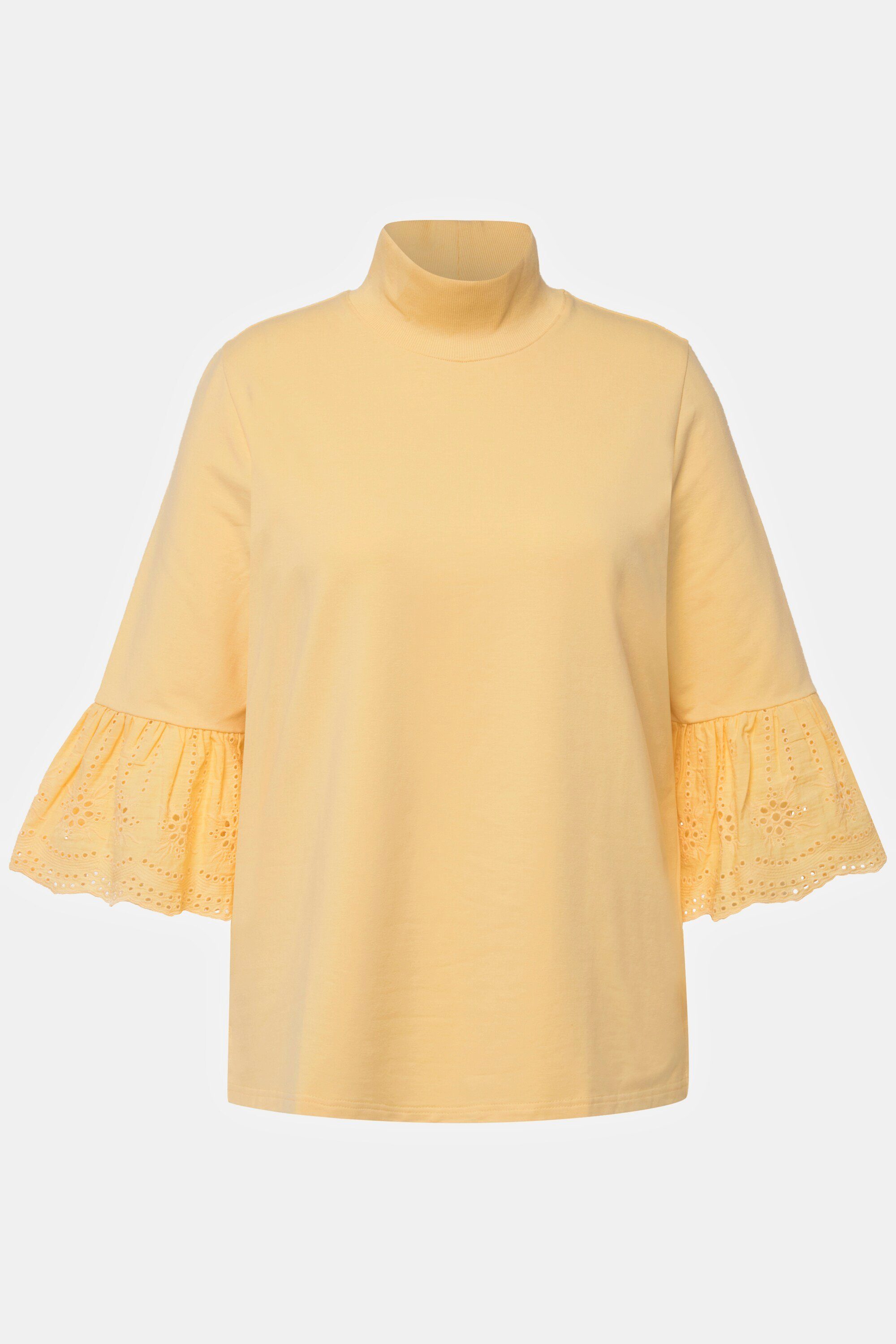 Sweatshirt helles Popken Ulla Stehkragen Biobaumwolle Sweatshirt Spitze gelb 3/4-Arm