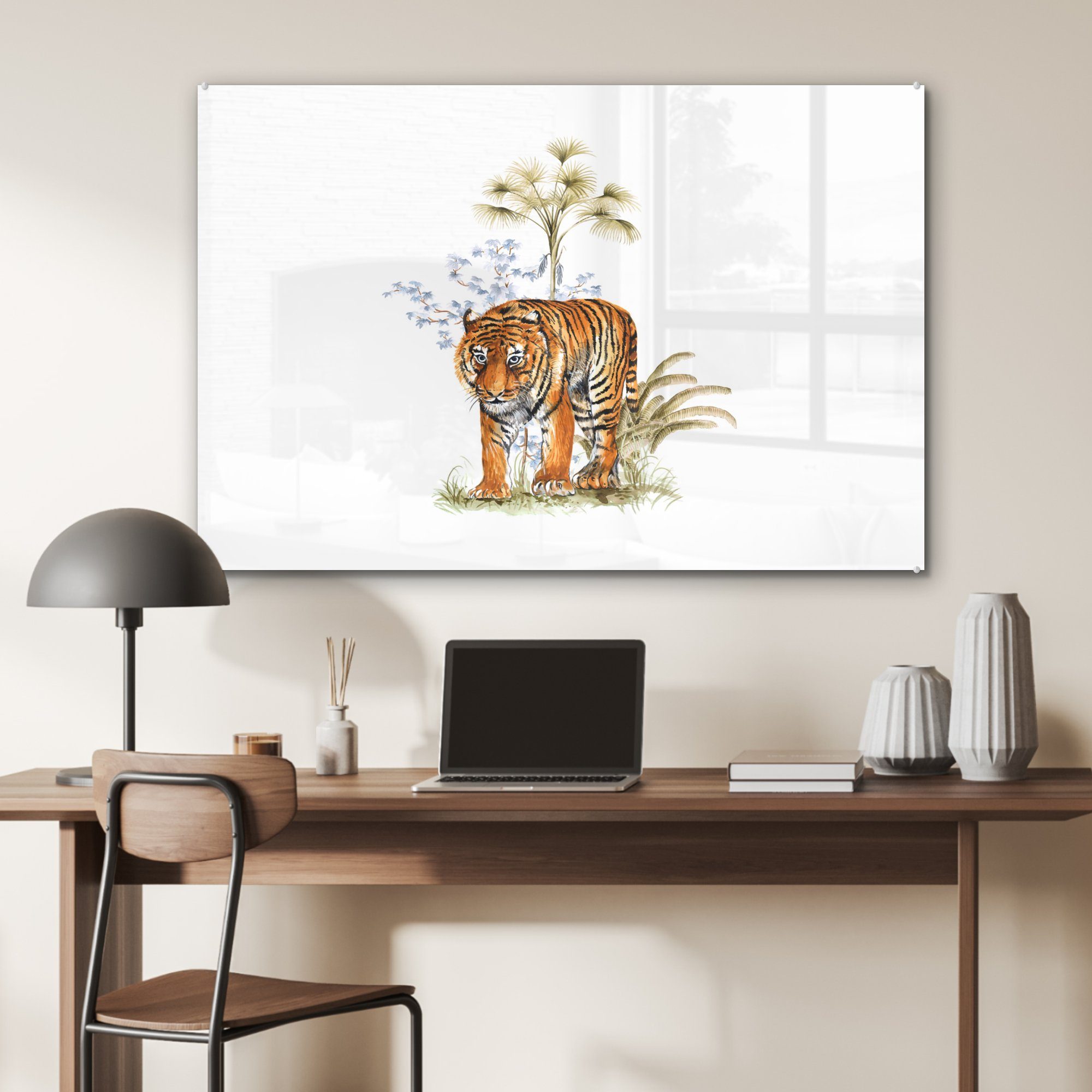 - (1 Wohnzimmer St), Pflanze Acrylglasbilder & Schlafzimmer - Weiß, Acrylglasbild Tiger MuchoWow