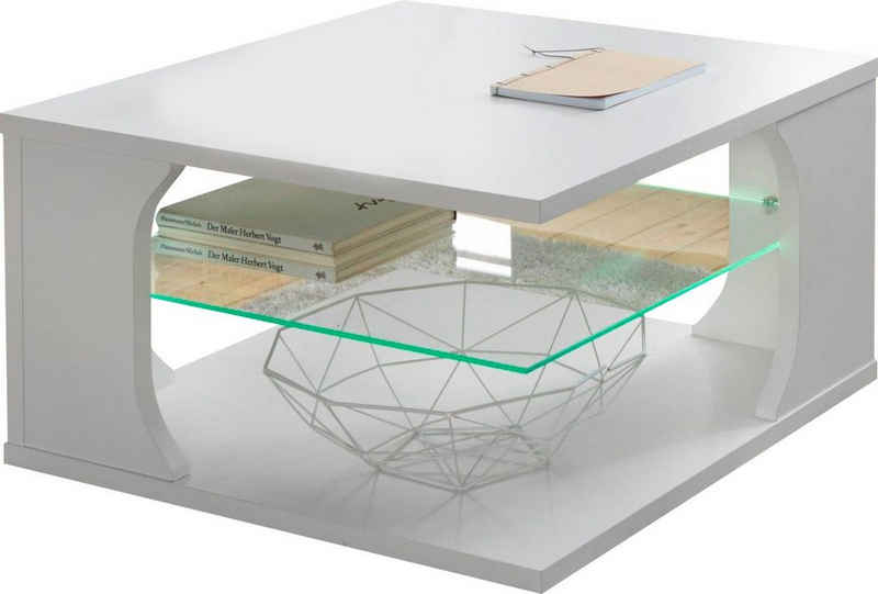 PRO Line Couchtisch, aus Holz, mit Rollen, Ablageboden Glas mit LED Beleuchtung, quadratisch