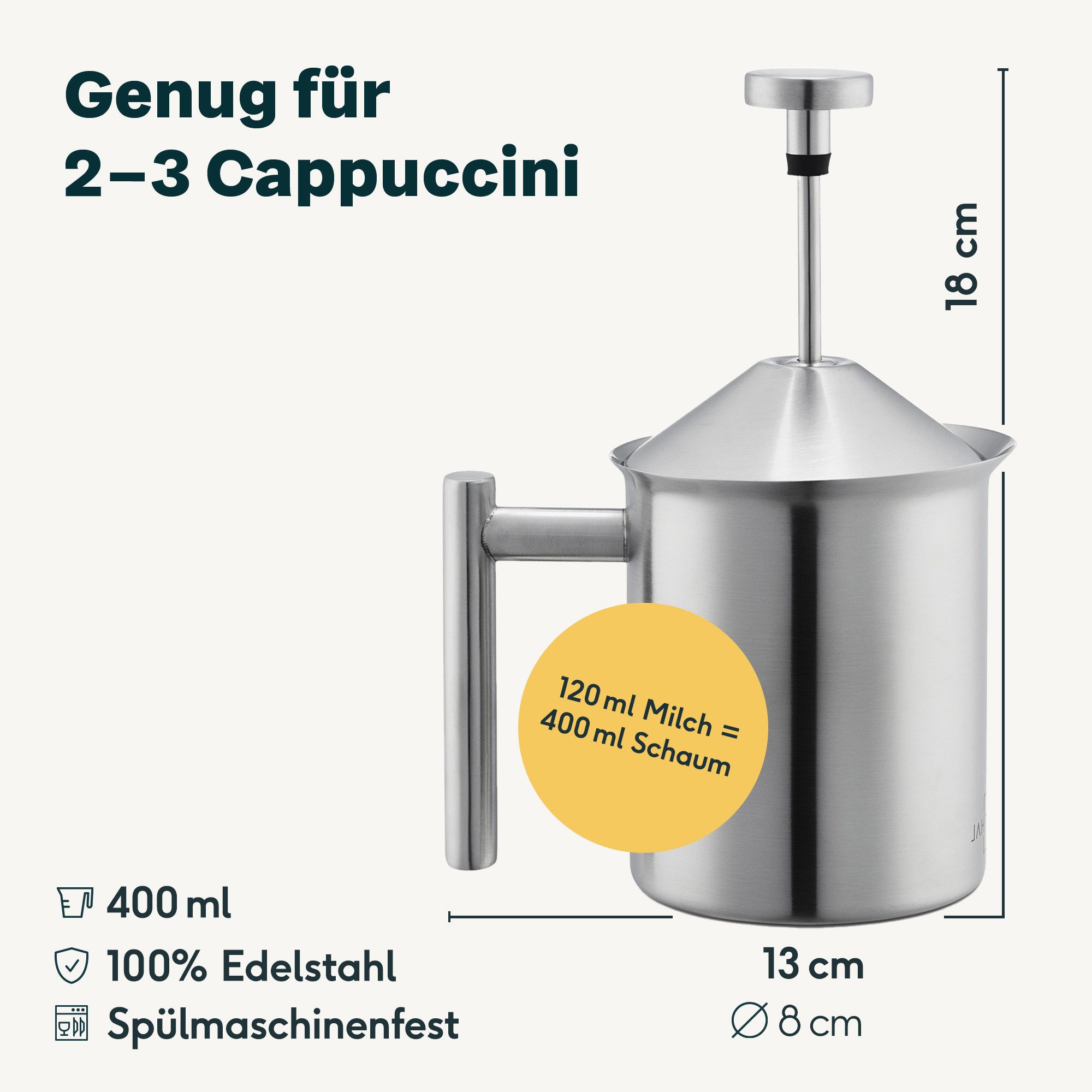 SILBERTHAL Milchaufschäumer manuell Edelstahl, 400ml, für heiß und kalten Milchschaum