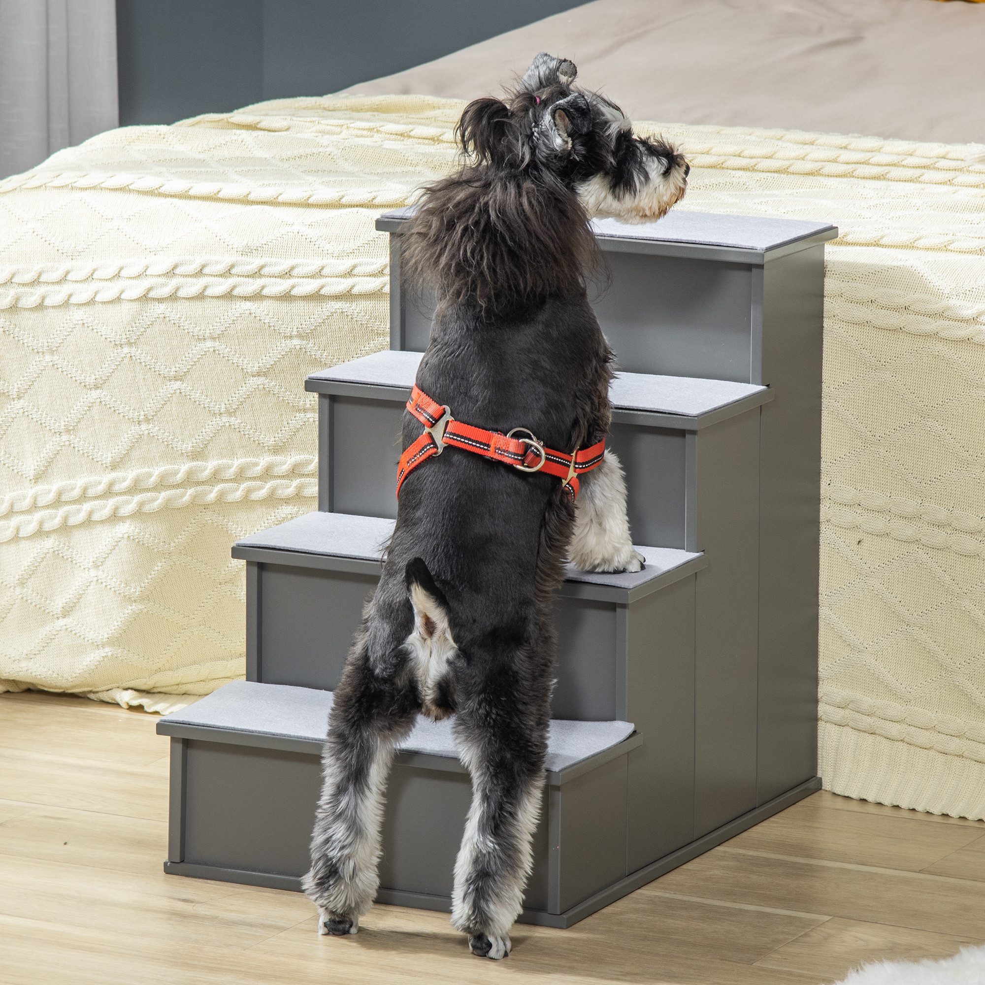 PawHut Haustiertreppe Haustiertreppe 4-stufige Hundetreppe mit rutschfester Matte (Haustierleiter, 1-St., Katzentreppe), für Auto Bett Sofa Grau 40 x 59 x 54.2 cm